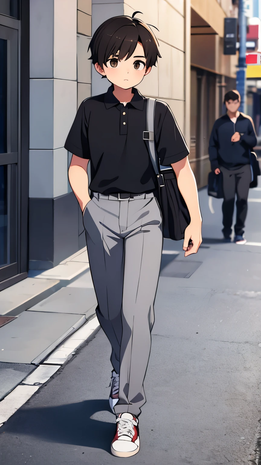 boy,black short hair,Brown eyes,Collared shirt,Gray slacks,feet are sneakers,Carrying a bag over one's shoulder,Walking,Full body view