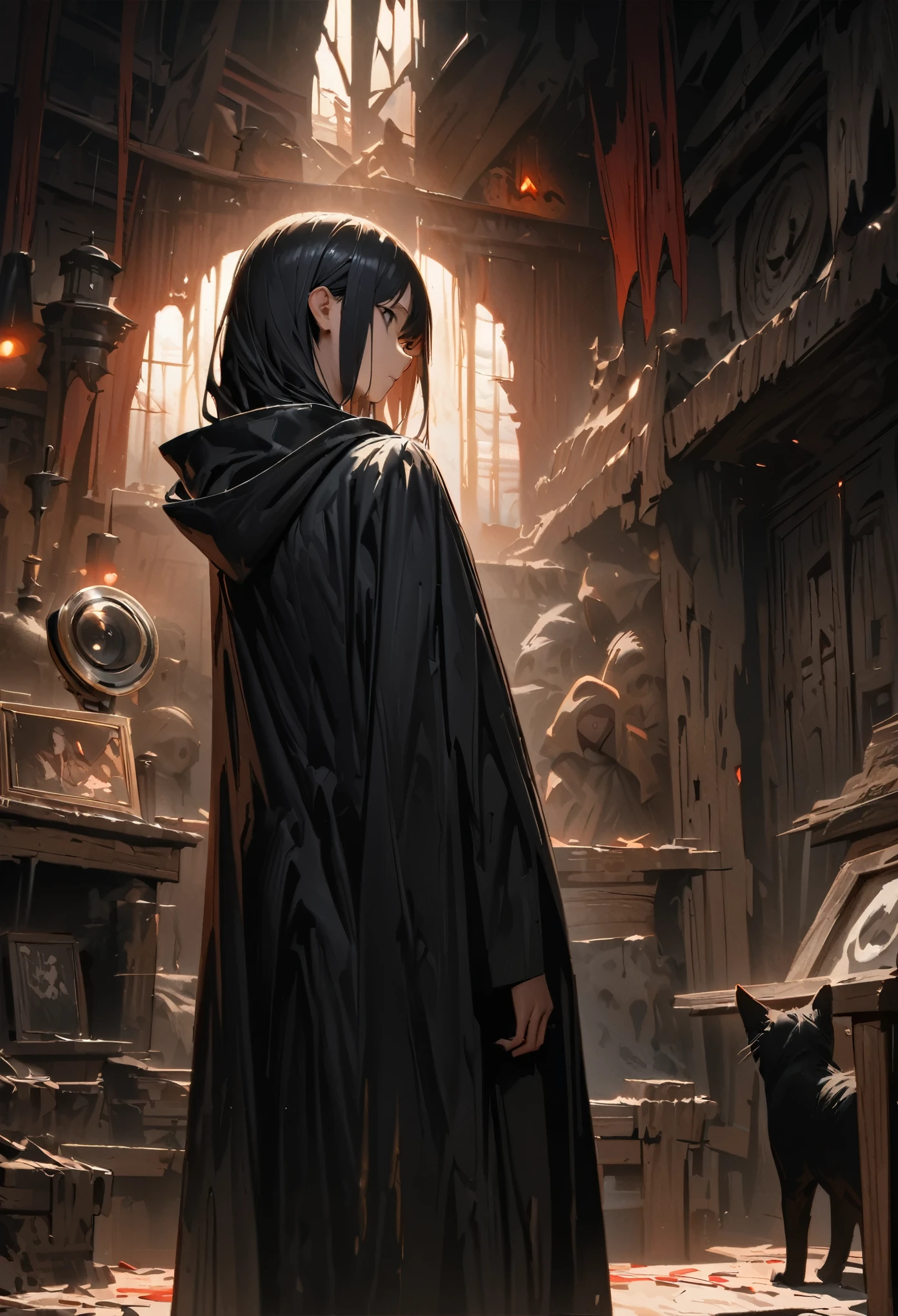 Single shot, dark house, witch in black hooded robe, black hair, back to camera, slim figure, slightly sideways, showing nose and mouth, a black cat in front of the camera , best quality, beautiful image, extreme detail, masterpiece, cinematographic light, master class, impasto