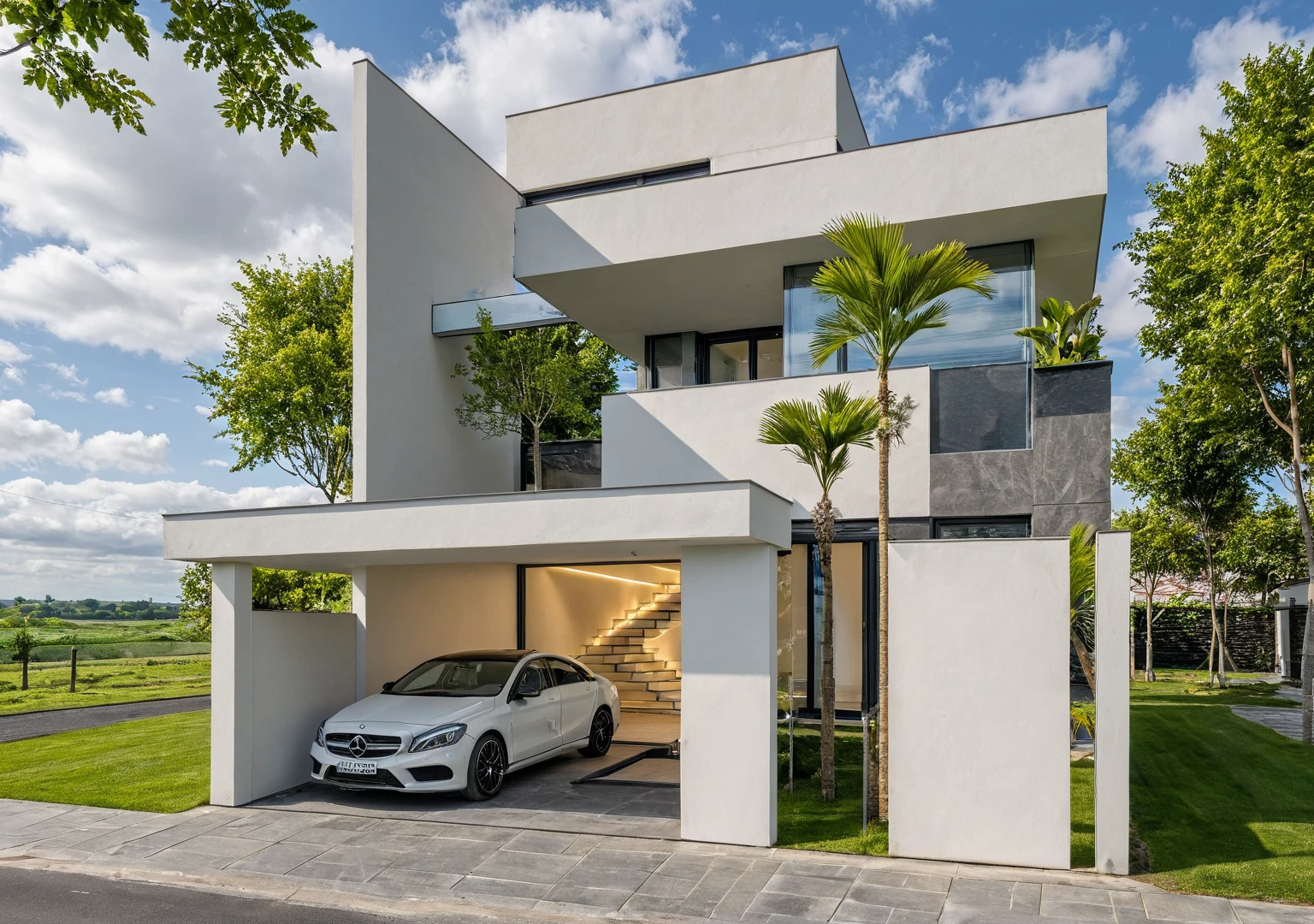 chef-d&#39;artwork, high quality, best quality, authentique, Great detail, en plein air, villa de plain-piedXL, credit group, style de maison moderne dans la rue ,escaliers, mur blanc ,route,pavement, herbe, des arbres, ciel, nuage, (day light:1.1)
