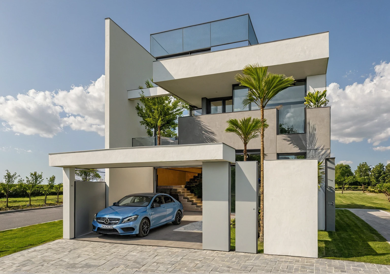 chef-d&#39;artwork, high quality, best quality, authentique, Great detail, en plein air, villa de plain-piedXL, credit group, style de maison moderne dans la rue ,escaliers, mur blanc ,route,pavement, herbe, des arbres, ciel, nuage, (day light:1.1)
