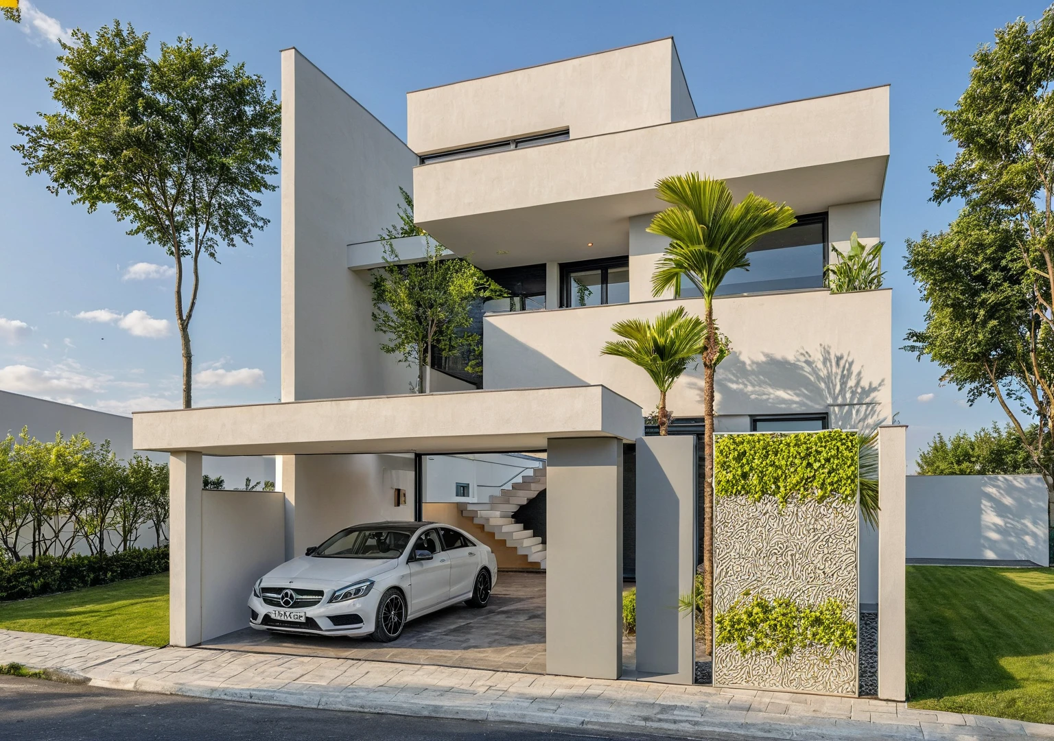 chef-d'artwork, high quality, best quality, authentique, Great detail, en plein air, villa de plain-piedXL, credit group, style de maison moderne dans la rue ,escaliers, mur blanc ,route,pavement, herbe, des arbres, ciel, nuage, (day light:1.1)