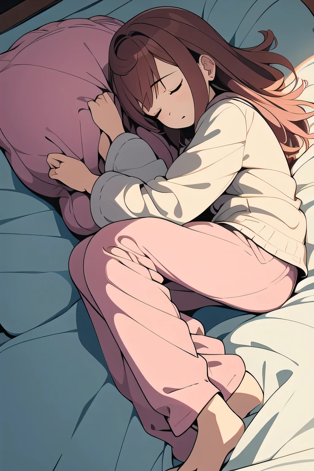 sleeping girl, 22 years old, Practical, she is wearing trousers, She is wearing pink pajamas, Brown hair.