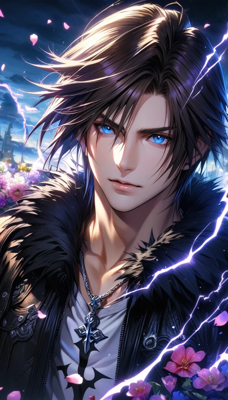 Ultra detailed, Highres, absurdres, HDR, Squall Leonhart, blue eyes, blown hair, Final Fantasy VIII, purple lightning, handsome, 1 man only, very detailed face and eyes, flowers and petals