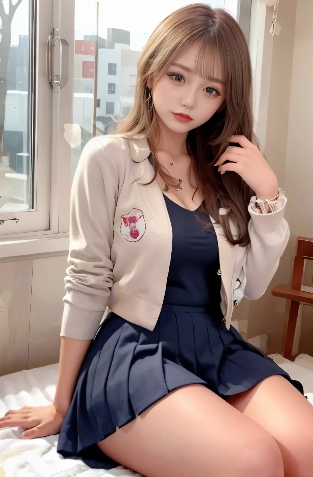 highest quality、High level image quality、high detail、8k、1、very cute、beautiful girl、god々々right、cute like an angel、big eyes、glamorous girl、Fluffy smile、150cm、Jacket White Polo Shirt、red tie、Red hanging skirt、suspenders、black haired、amount、((skirt lift, flashing tiny pussy))、outside the house、School zone、nsfw,