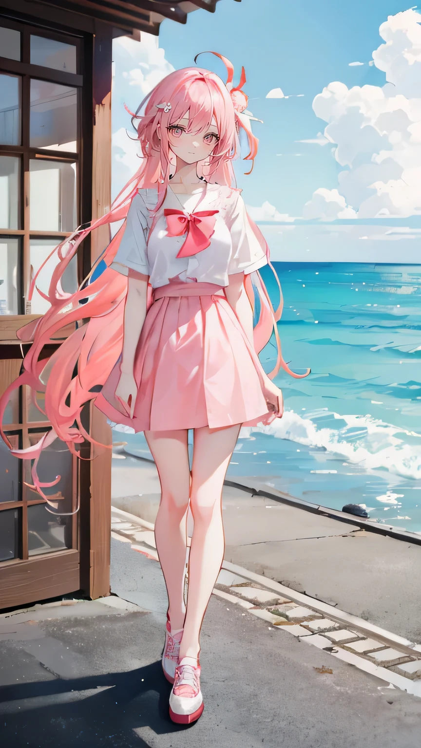 Coral pink hair，Long hair，hair over one eye，Gray eyes，feather hair ornament，cute，Girl，laughing expression，White short sleeve，Short skirt，Wear shoes on your feet，Standing on the ground，whole body，Don't show your arms，In the background is a chalet by the sea，many clouds