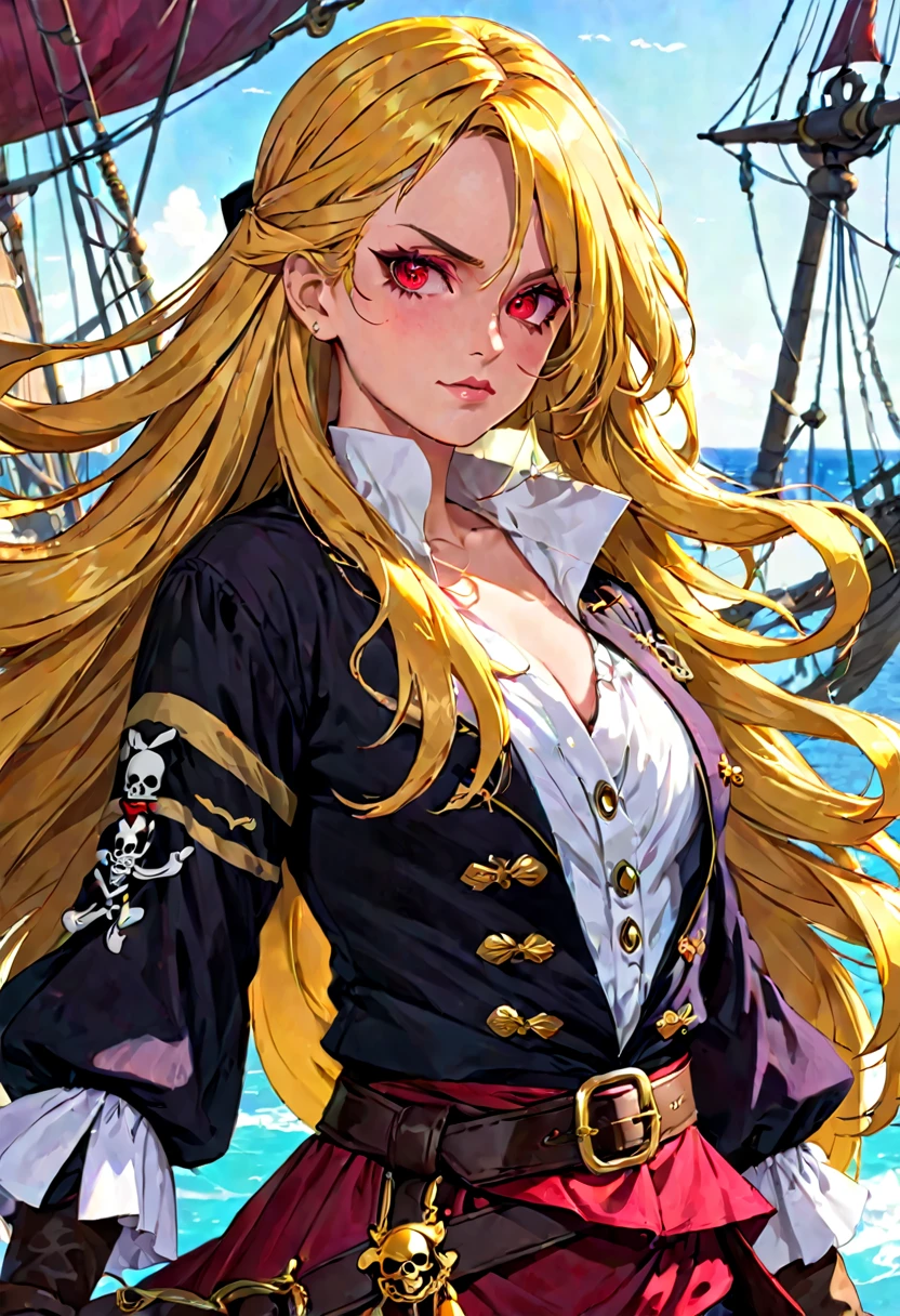 Woman with long golden hair and crimson eyes and pirate clothes 