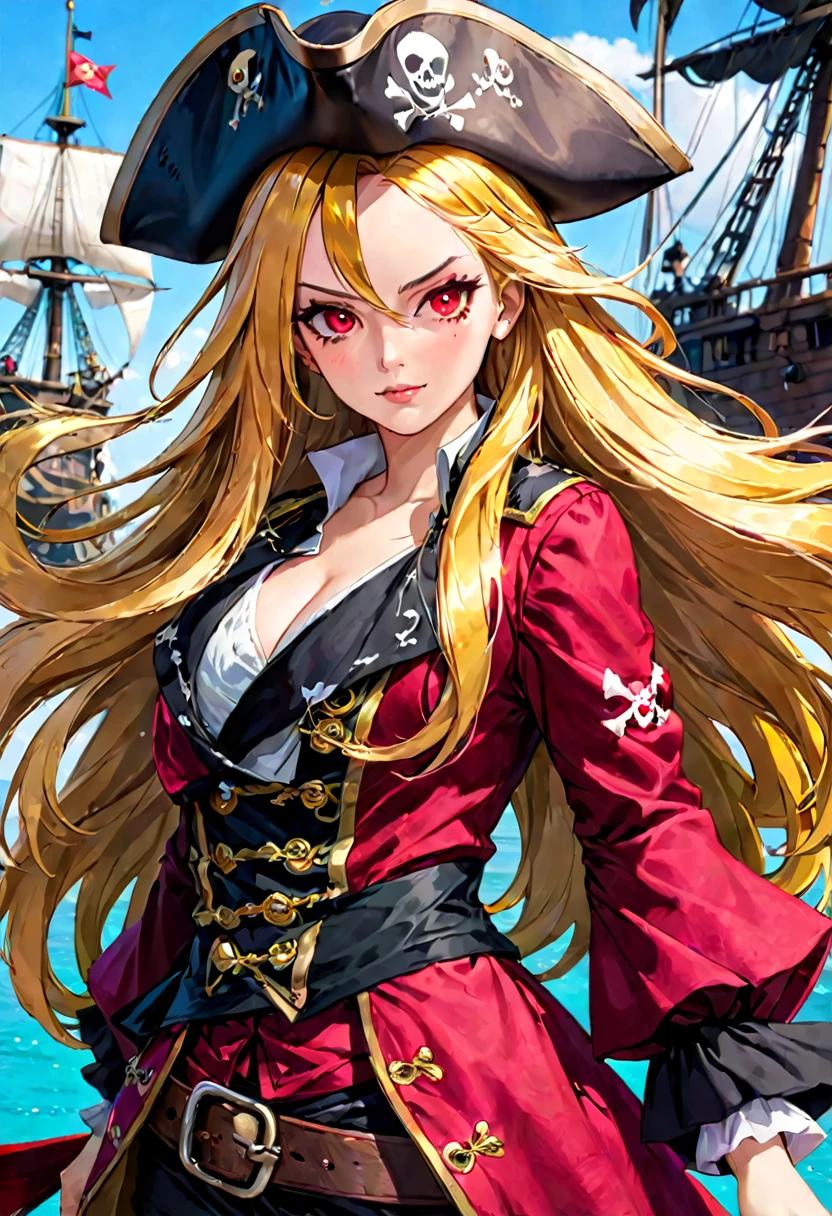 Woman with long golden hair and crimson eyes and pirate clothes 