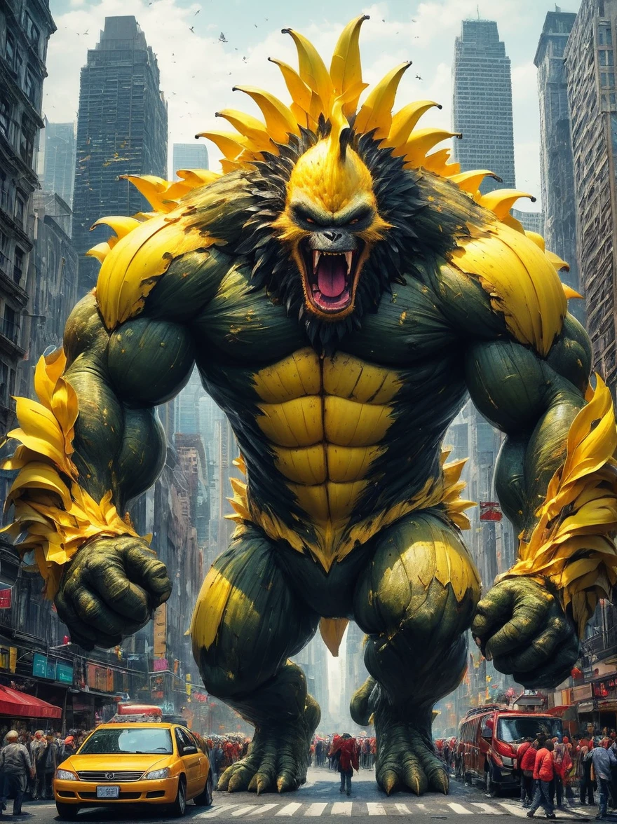 A massive banana-like creature causing commotion in a teeming city, imbued with striking and outlandish colors reminiscent of a surrealist style. This image features exaggerated facial expression to convey chaos and is seen as though witnessing it from an elevated viewpoint. Reflecting the spirit of a Kaiju beast, this digital art piece employs bold brush strokes to intensify the drama.