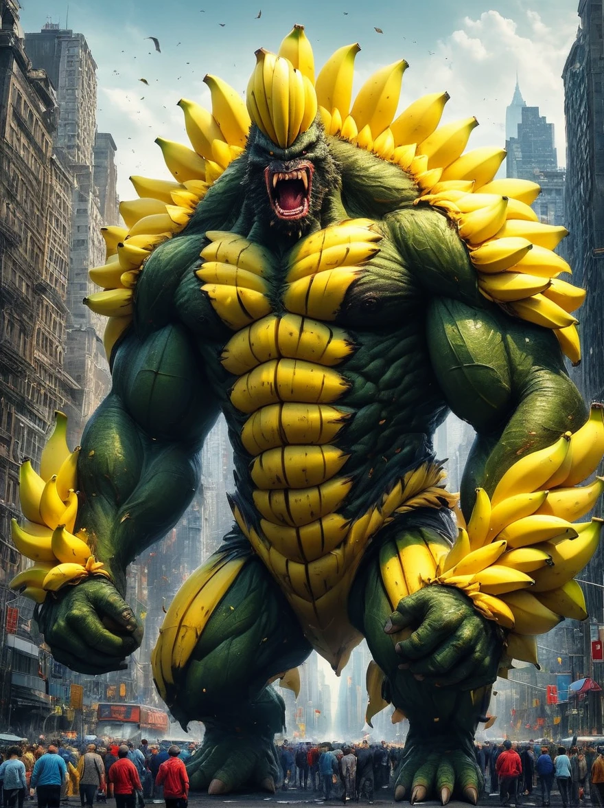 A massive banana-like creature causing commotion in a teeming city, imbued with striking and outlandish colors reminiscent of a surrealist style. This image features exaggerated facial expression to convey chaos and is seen as though witnessing it from an elevated viewpoint. Reflecting the spirit of a Kaiju beast, this digital art piece employs bold brush strokes to intensify the drama.