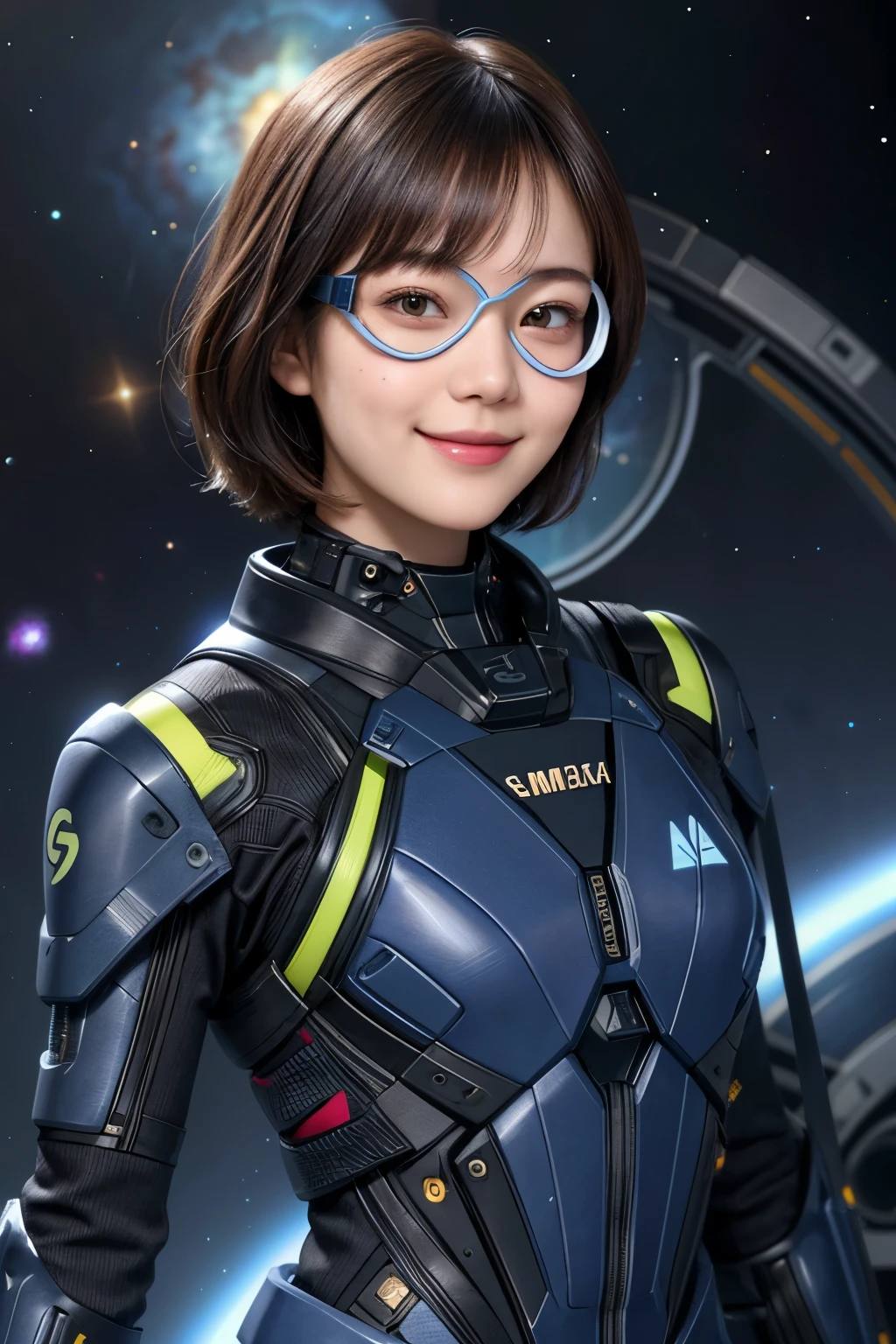 210 Short Hair, 20-year-old woman, Floral, A kind smile, Futuristic clothing, machinery suit, (The background is a galaxy and nebula), (Futuristic goggles)