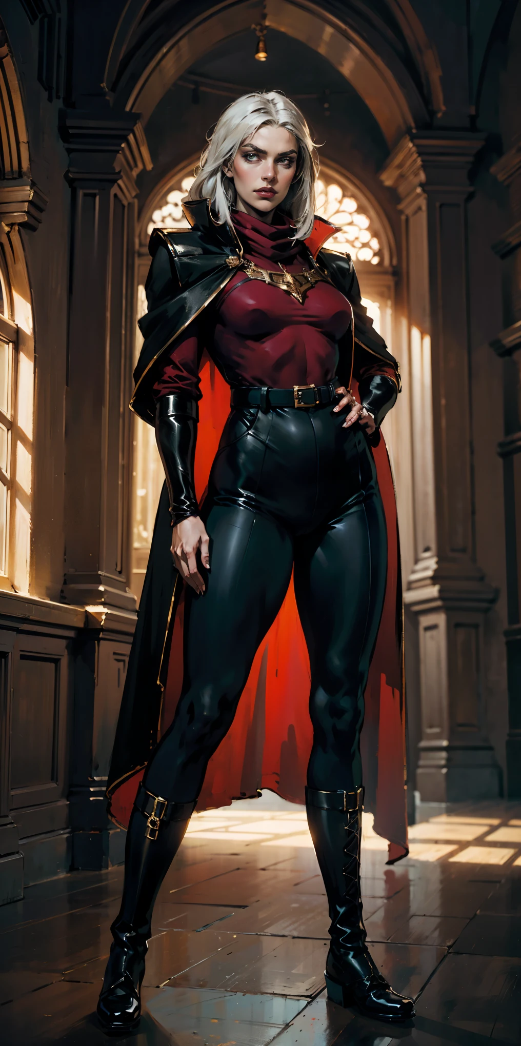 A woman with long platinum blonde hair, choppy bangs, arched crescent eyebrows, sharp and determined eyes, a delicate oval face, a serious expression, a fantasy-style dark green military coat, draped with a dark red cloak, military trousers, leather combat boots, silver greaves leggings, one hand on her hip, standing in a spacious training ground, this character embodies a finely crafted fantasy-style female military officer in anime style, exquisite and mature manga art style, pale skin, high definition, best quality, highres, ultra-detailed, ultra-fine painting, extremely delicate, professional, perfect body proportions, golden ratio, anatomically correct, symmetrical face, extremely detailed eyes and face, high quality eyes, creativity, RAW photo, UHD, 32k, Natural light, cinematic lighting, masterpiece-anatomy-perfect, masterpiece:1.5