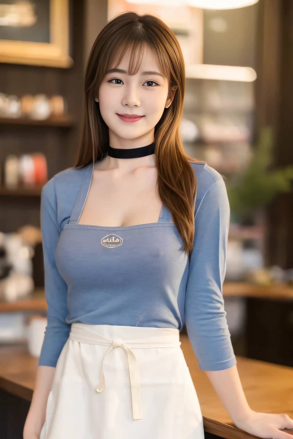 highest quality,masterpiece,Ultra-high resolution, (Realistic:1.4), girl, 18-year-old, (Firm breasts:1.2),  (Slim face:1.2, Narrow waist, Thin legs), Charm,  look at each other, Dynamic Shot, (black choker) , Long sleeve, (bangs), Blue Contact Lenses, smile, Big Breasts, ((The upper body is naked and only an apron is worn))、very long eyelashes, ((market)), (Nipples:-1)、（No sleeve）