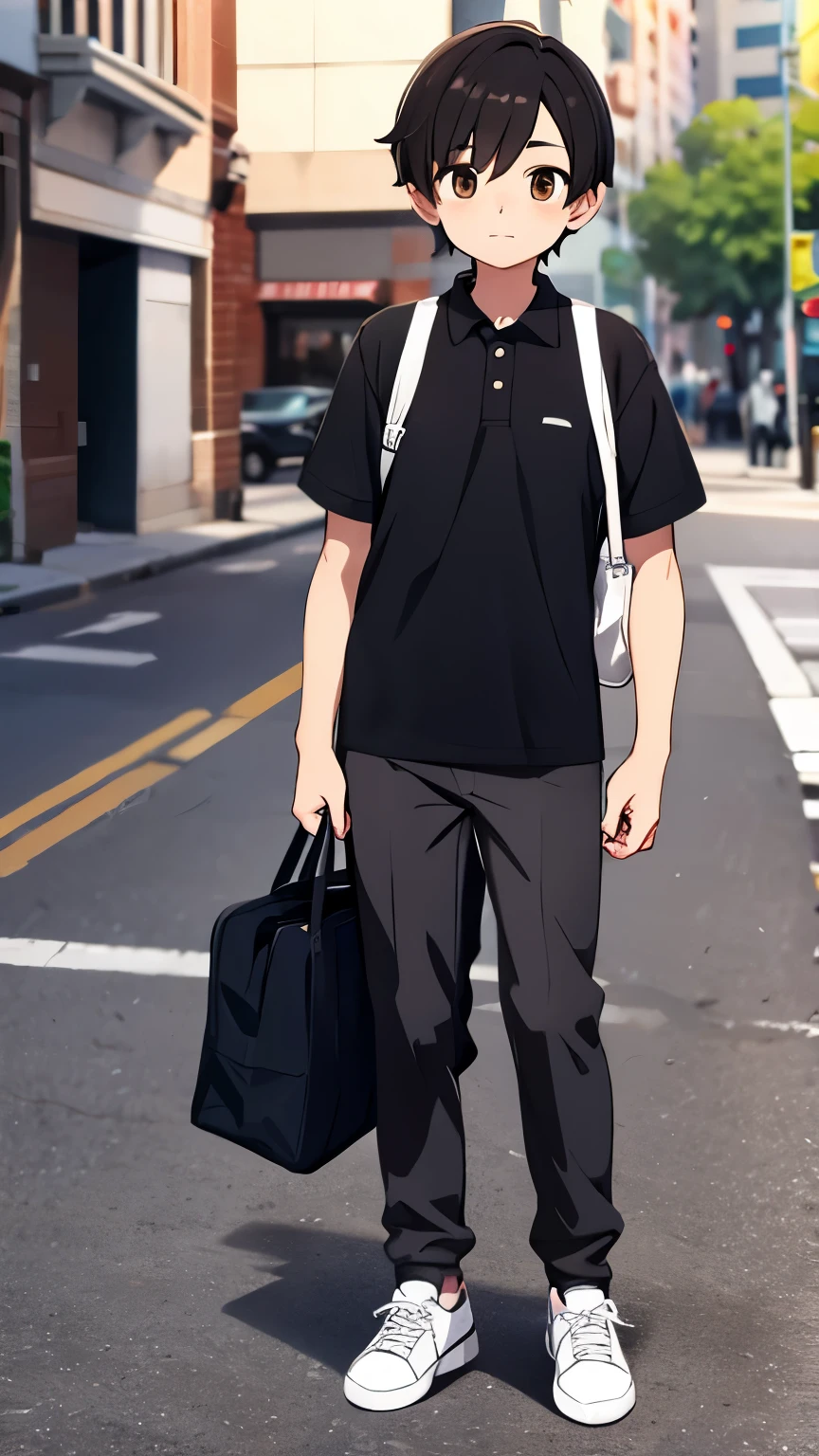 14 year old boy,black short hair,Brown eyes,Collared shirt,Gray slacks,feet are sneakers,Carrying a bag over one&#39;s shoulder,Full body view