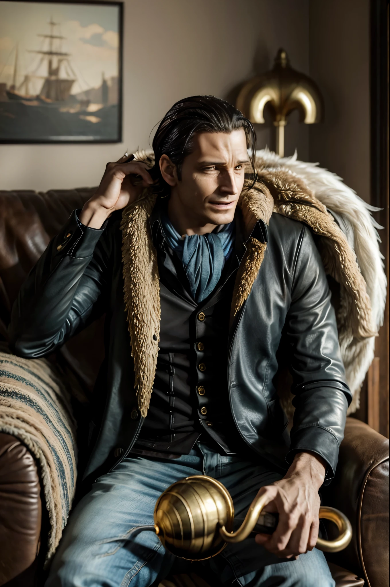 masterpiece, best quality, extremely detailed, hyperrealistic, photorealistic, a cool 40s man, ultra detailed face:1.2, fur-trimmed coat, scarf around the neck, his left hand is a golden pirate hook:1.1, distant view shot, modern living room, large space, sitting on sofa, cigar, sly smile, relaxed