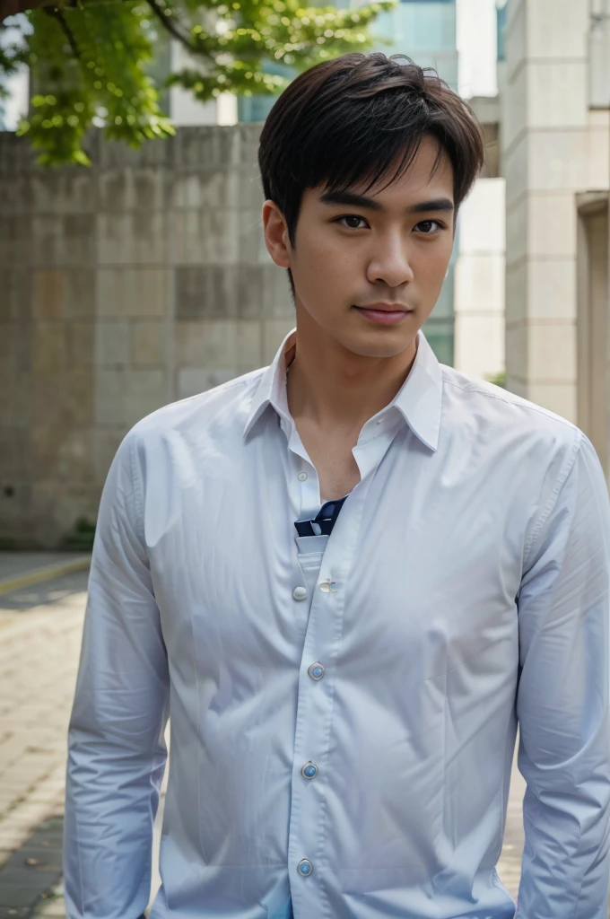 (One wearing a full light blue striped suit、White shirt、Tie、About 25 years old、Japanese men with a height of 180 cm)((White BMW to man ratio.distance.Perfect))、best quality、masterpiece、Ultra-high resolution、(Photo realism:1.4)、original photo、(戶外街道上One wearing a full light blue striped suit、White shirt、Tie的年輕英俊的日本男人、Standing under the red maple tree、Red and big maple leaves、delicate leaves、branch details)、(There is a white BMW car next to the man、Man's hands on car roof) shadow、Octane Rendering、8K、Super sharp、realistic light、(There is only one white BMW car on the street、man's shining eyes、looking in the direction of the camera)、LED、Ultra high quality、High、gentleman、very beautiful hair、bright photos、As handsome as a model、As handsome as an idol,Professional profile photo, Professional portrait photos、Realistic portrait photos, Detailed color portrait, Portrait of an idol, High quality portrait.