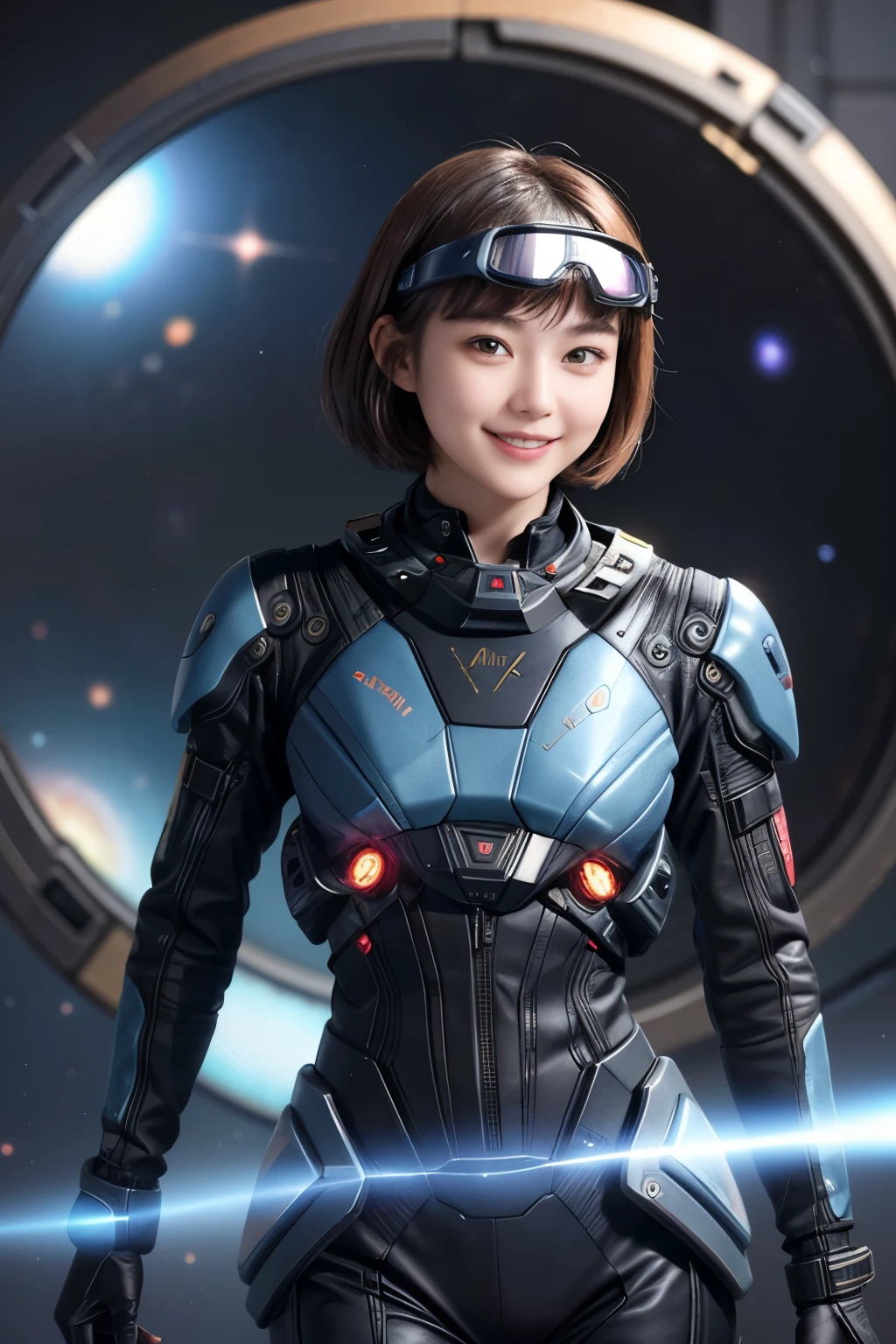 210 Short Hair, 20-year-old woman, Floral, A kind smile, Futuristic clothing, machinery suit, (The background is a galaxy and nebula), (Futuristic goggles)