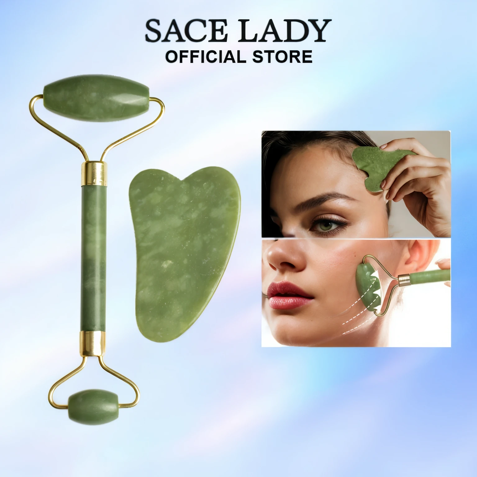 a close up of a woman with a green Facial roller, Face, Wise, Facial, Face accessories, Facial beauty, exit, Stable expression, Wise green, smooth oval shape Face, soft oval Face, 💋 💄 👠 👗, stamp, perfect Facial symettry, !Face, product photo, exit green, scales made of exit, slate, !!natural beauty!!