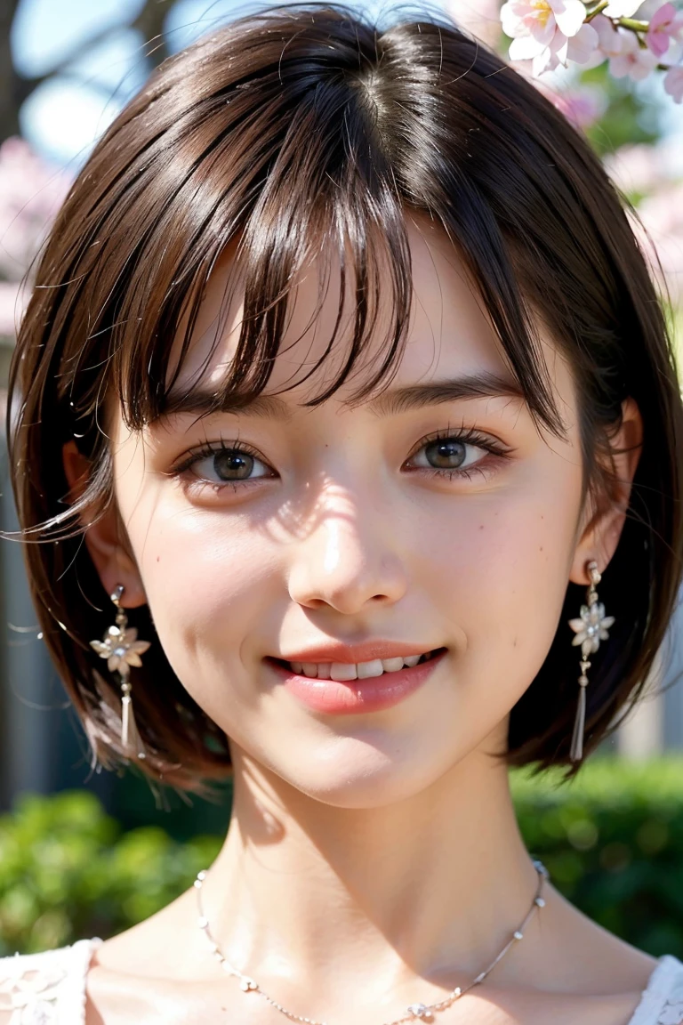 The correct number of fingers:1.5, 痩せてPale face and eyes:1.3、Pale face and eyes:1.3, blue eyes:1.5、{highest quality}, {{masterpiece}}, {Very delicate and beautiful}, Outstanding light and shadow, Highly detailed wallpaper, Sunny and bright sunlight, whole body, whole body、 1 girl, , blush、Short Bob Hair, Strong sunlight, Girly Style Fashion:1.3, Delicate Hair,Realistic skin texture, visible wrinkles on the skin., Broad shoulders:1.3, ((a strong light shines on your face)), color々Strike a Pose:1.5, necklace、ring、earrings、Smiling with teeth showing:1,5, Cherry blossom tree background