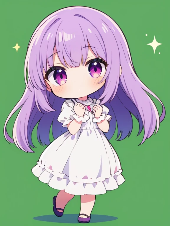 1girl,whitedress,chibi,fullbody, green background,lavender hair,magenta　eye,standing, put hands on body, 