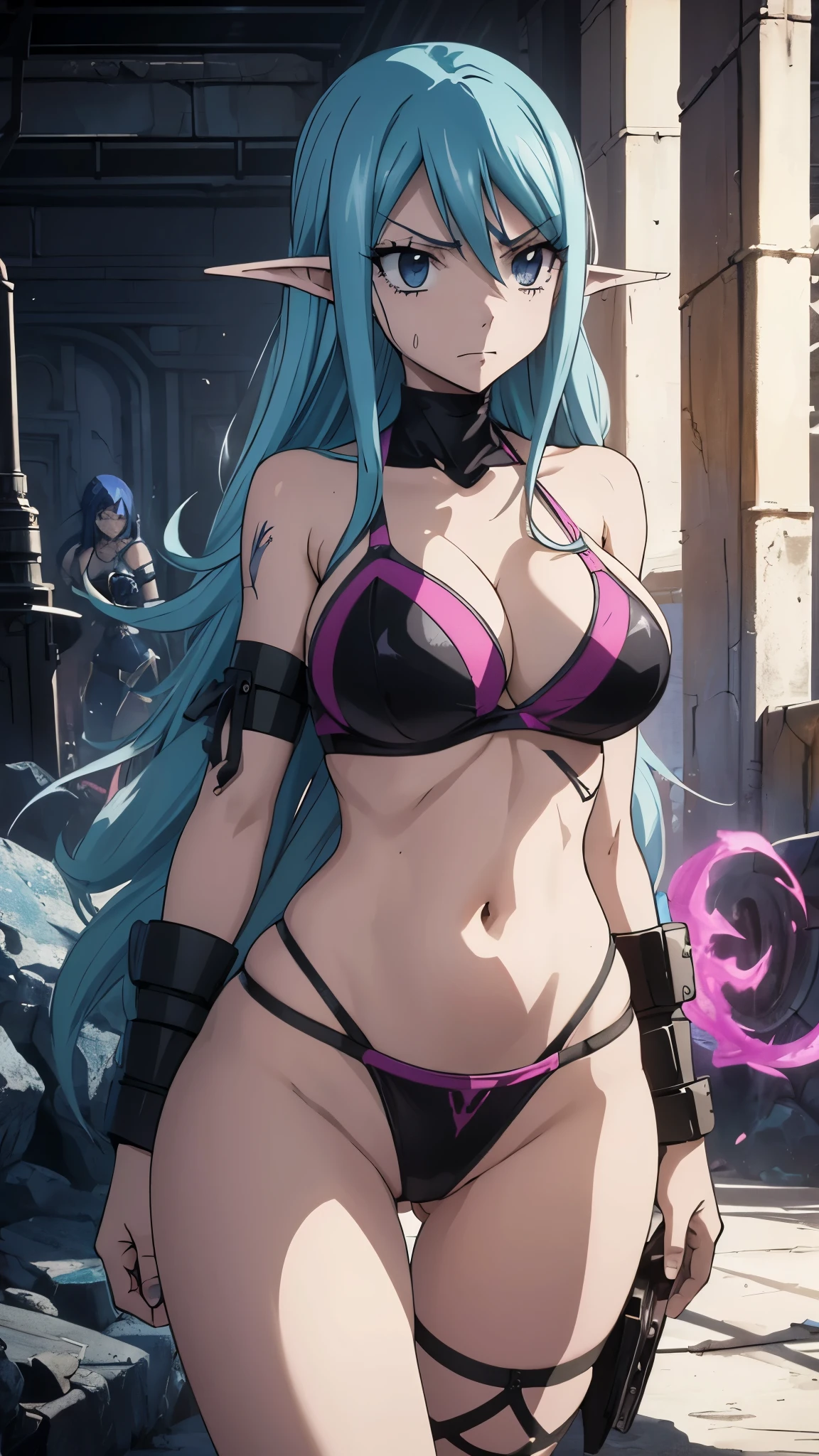 (aesthetic:1.2),pixel art,violent,elf girl(Lucy from Fairy Tail. 19years),evil smile,fantasy,low-key lighting,gritty,expressionistic,rough texture,saturated colors,dark atmosphere,????????,raw intensity,sexual tension,rough strokes,intense emotions,harsh shadows,provocative,??????(bikini armor),passionate,aggressive,contrasting colors,dynamic composition,visible brushstrokes,high contrast,bold lines,expressive poses,high energy brushwork,vivid details,dramatic lighting,seamless blending,unapologetic,innuendos,impactful,uncensored,striking imagery,suggestive,nsfw