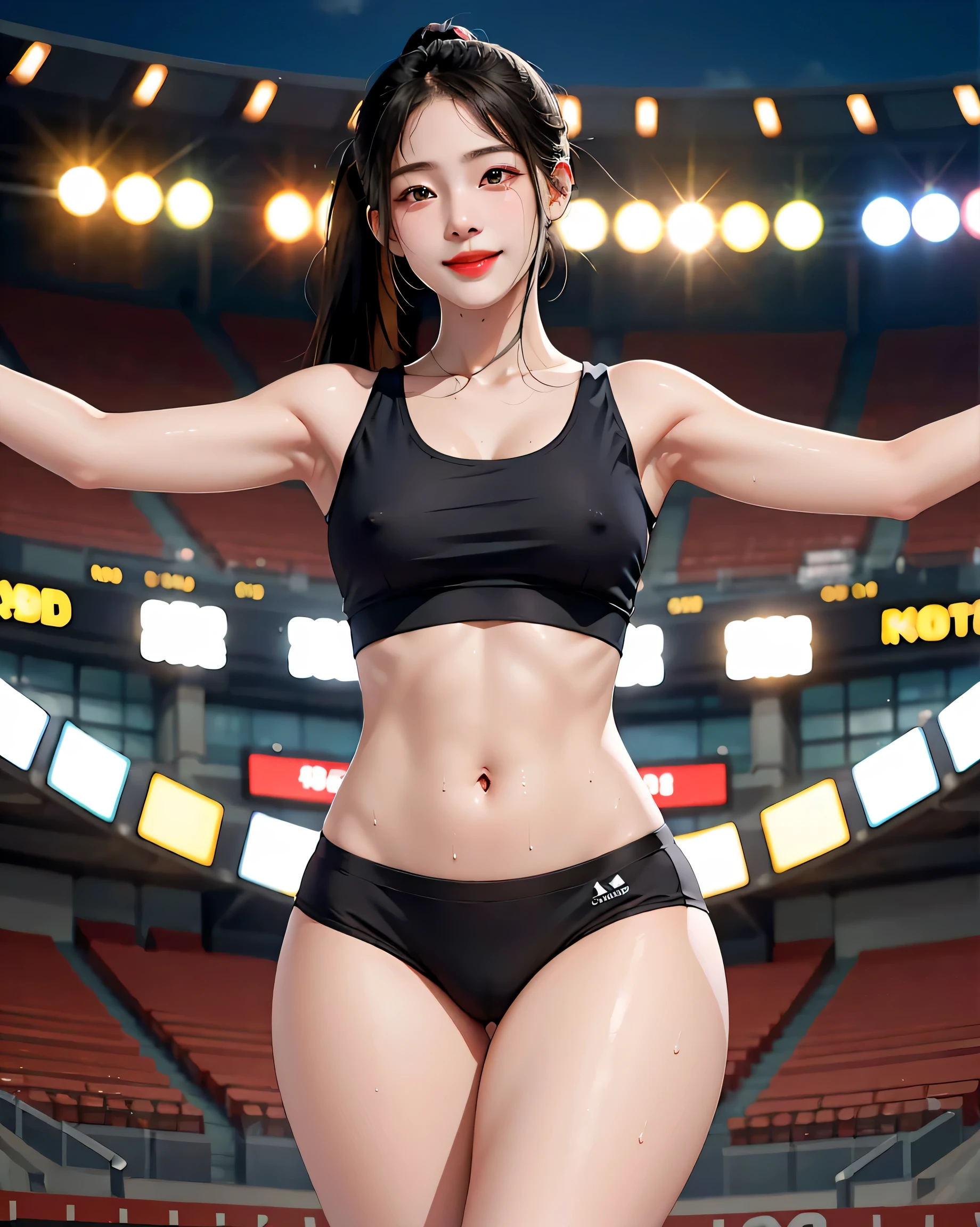 highest quality、movie lighting、 Girl in sports bra and sports panties、Big Breasts、Fine Lines、Raise your arms、Stadium、smile、expensive、、Sweaty、black hair ponytail、Narrow waist,Erect nipples