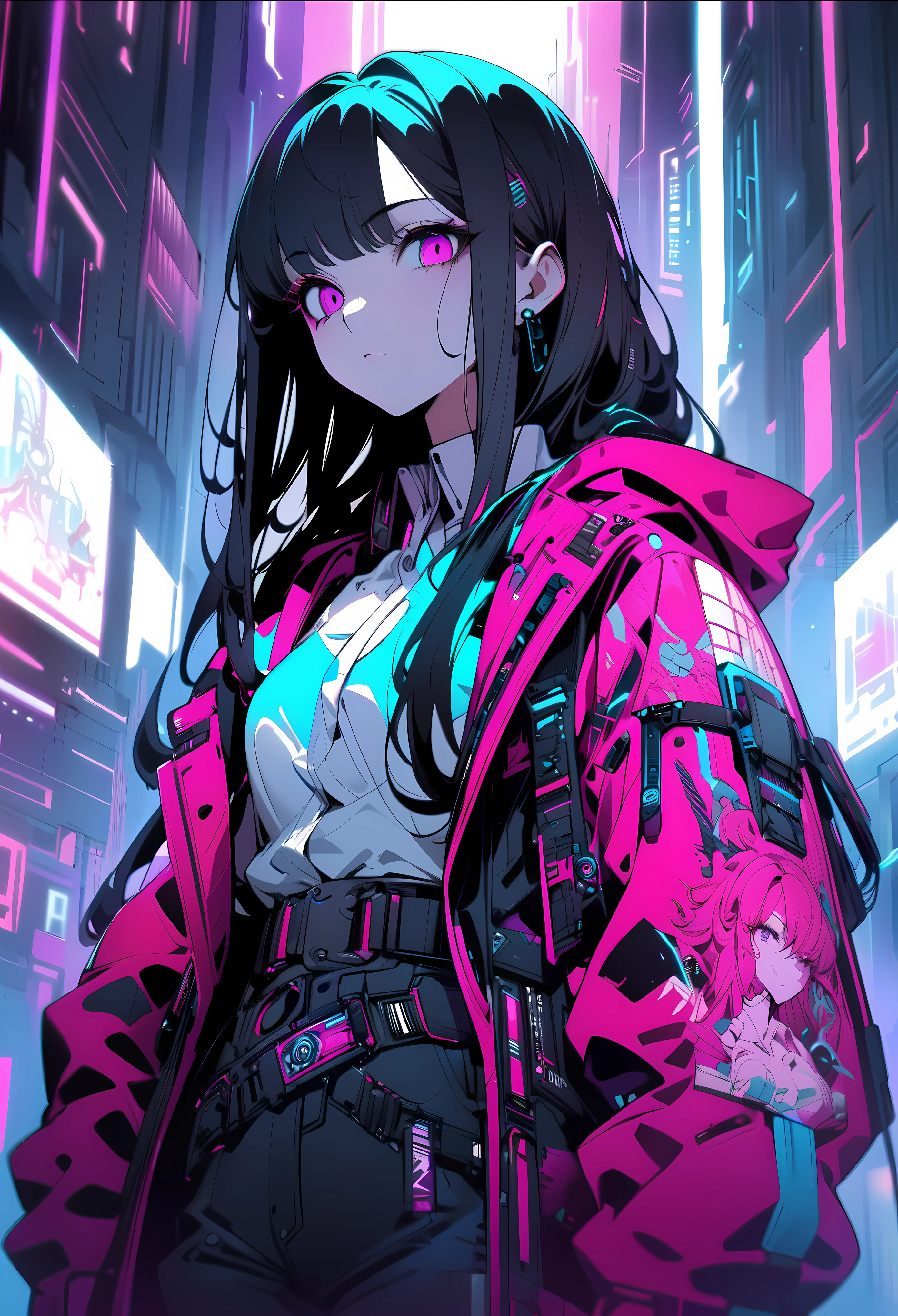 (best quality, ultra-detailed:1.2), cyberpunk, black hair, long hair, business shirt, belt, hooded coat, perfectly detailed clothing, perfect illustration, subtle anime-style, sketched, highly modern anime style, anime shading, semi-realistic anime style, anime-style character, anime-inspired drawing, neon color, ultra detailed, 8k, masterpiece