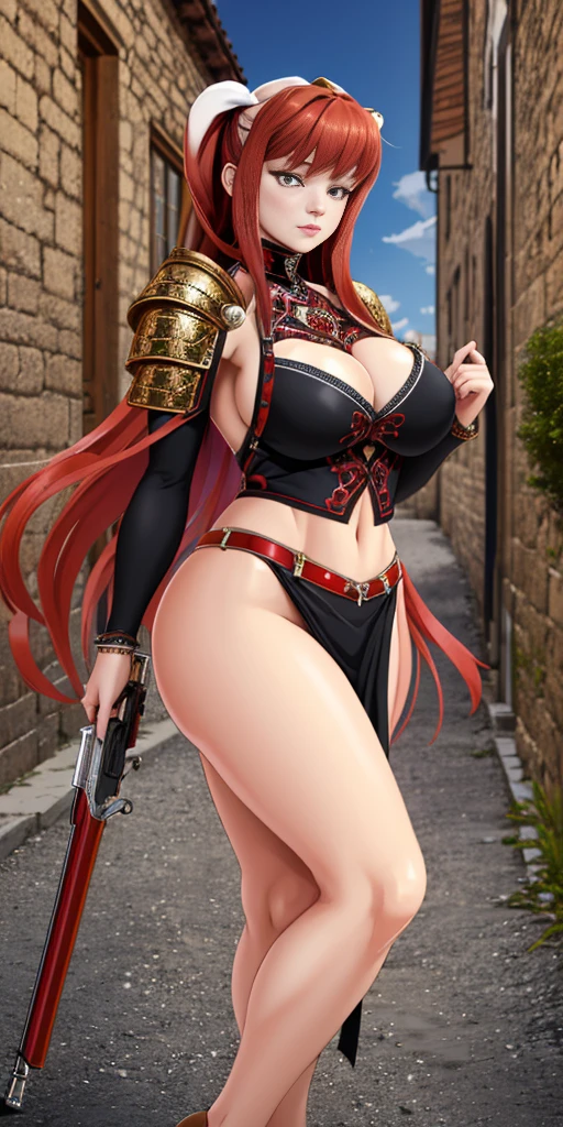 1girl, standing in medieval city, 8k, uhd, best quality, cartoon, cool armor, trending on artstation, skimpy outfit, long red hair, red monika, pistols, intricate, beautiful, large breasts, Red_Monika_v2