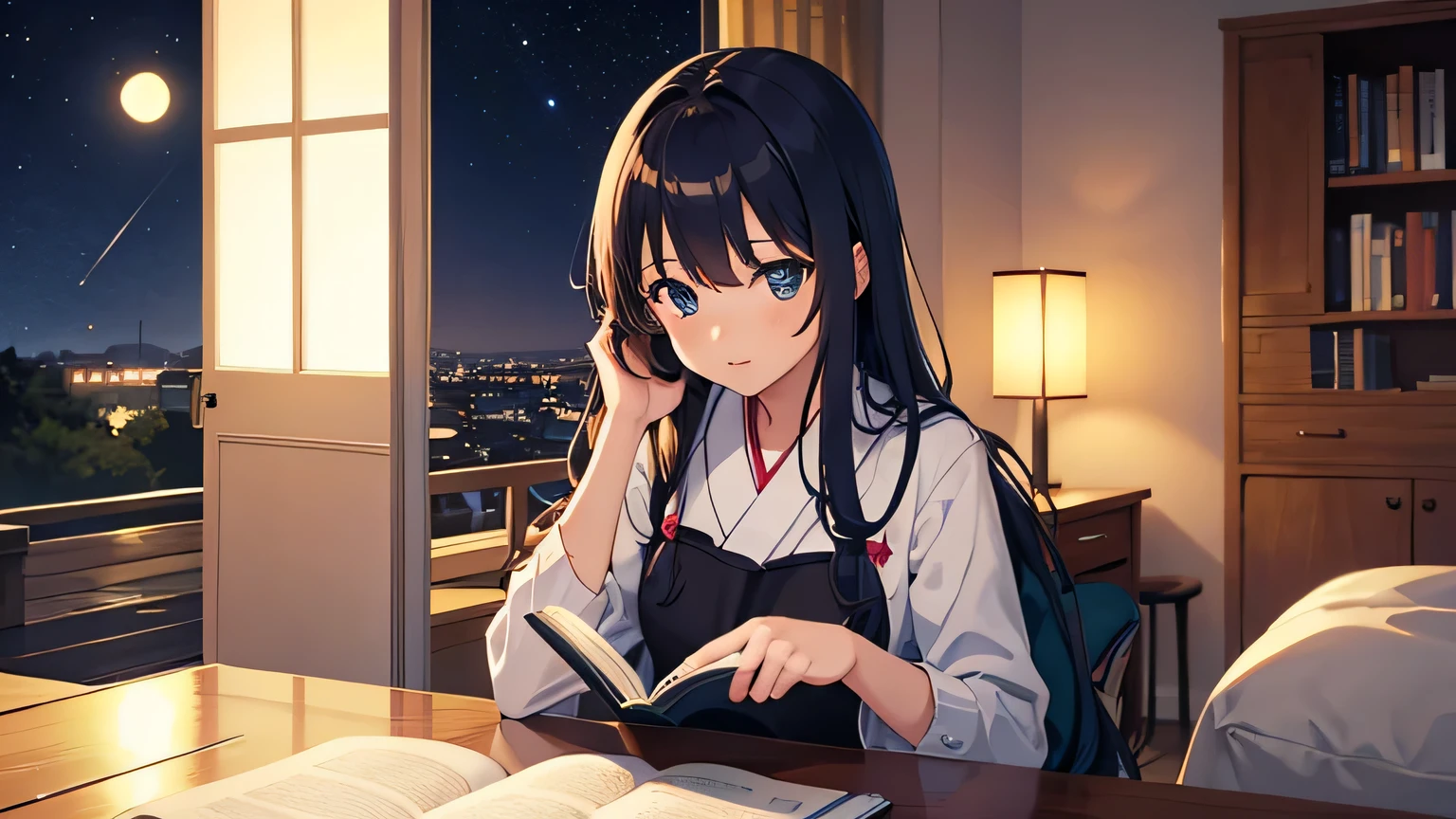 Girl studying in room Outside the room, it's night Starry Sky Japanese anime style Reading a book