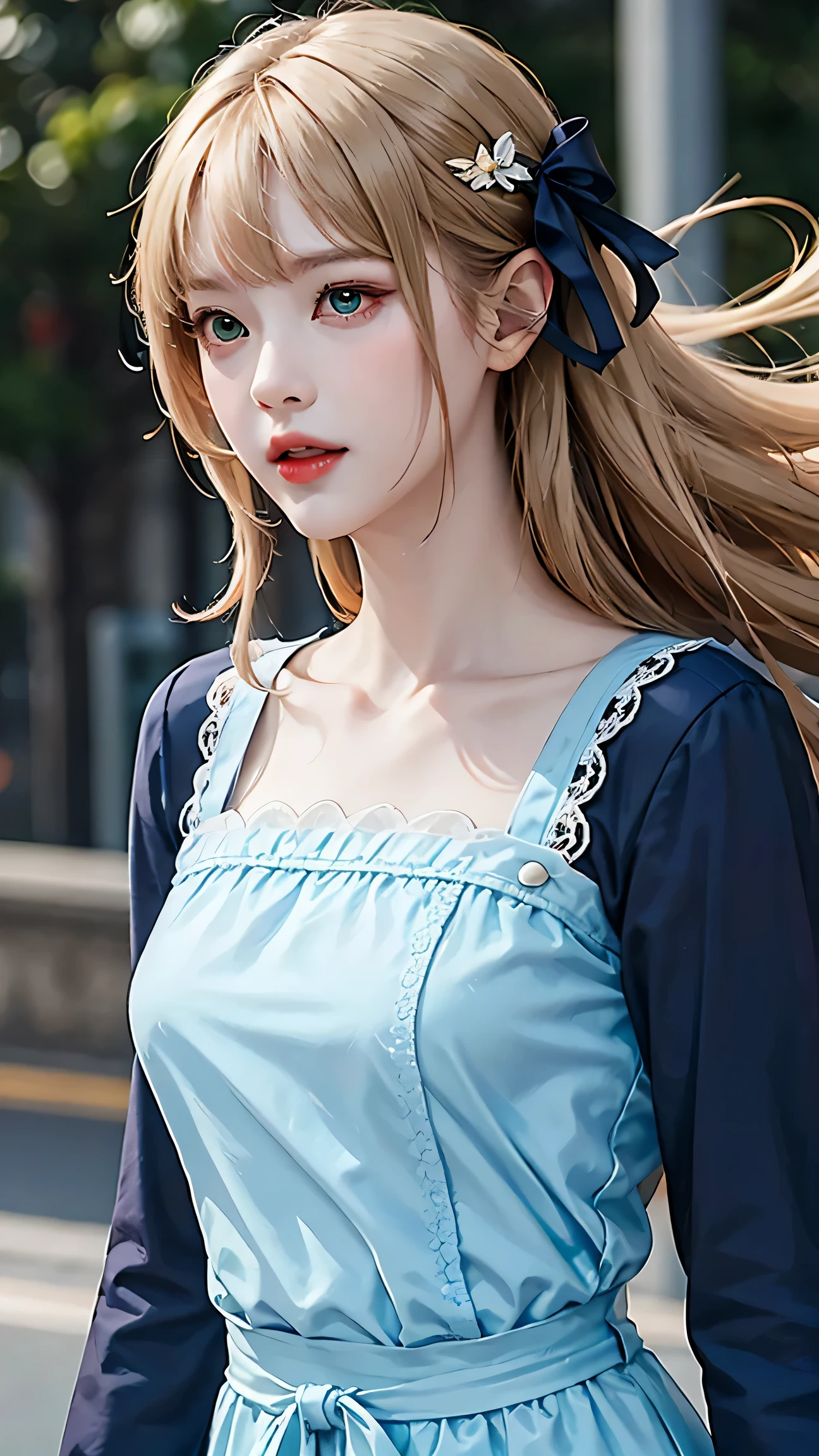 (Dynamic Angle:1.3),Extreme close up,the wind is strong,movie highlights,1 of 1 girls,Upper Body,dancing,View your viewers, violet_evergarden, alone, jewelry, blank eye,brooch, blonde_hair,( vevry long hair:1.2),floating hairlong_sleeve, ribbon, green_eye, Jacket, dress, gem, hair_ribbon,null, depth_of_Field, a close view of flying petal,