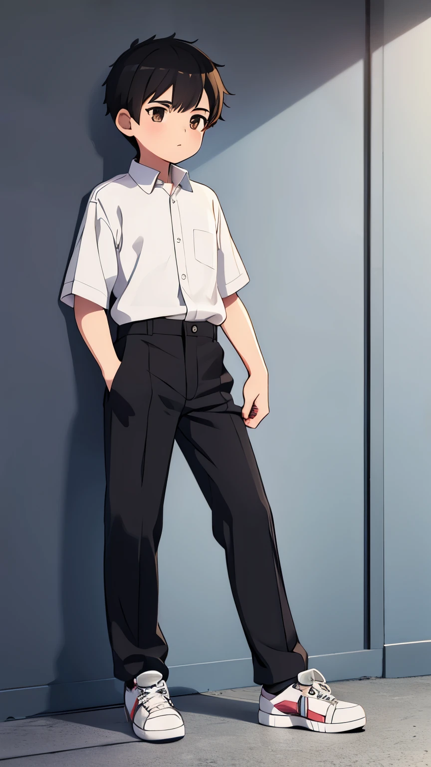  boy,black short hair,Brown eyes,Collared shirt,Gray slacks,feet are sneakers,Full body view