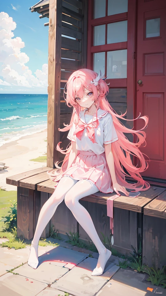 Coral pink hair，Long hair，hair over one eye，Gray eyes，feather hair ornament，cute，Girl，laughing expression，White short sleeve，Short skirt，White silk pantyhose，White silk pantyhose，No shoes on your feet，Sitting on the ground，whole body，Don't show your arms，Background is seaside，many clouds