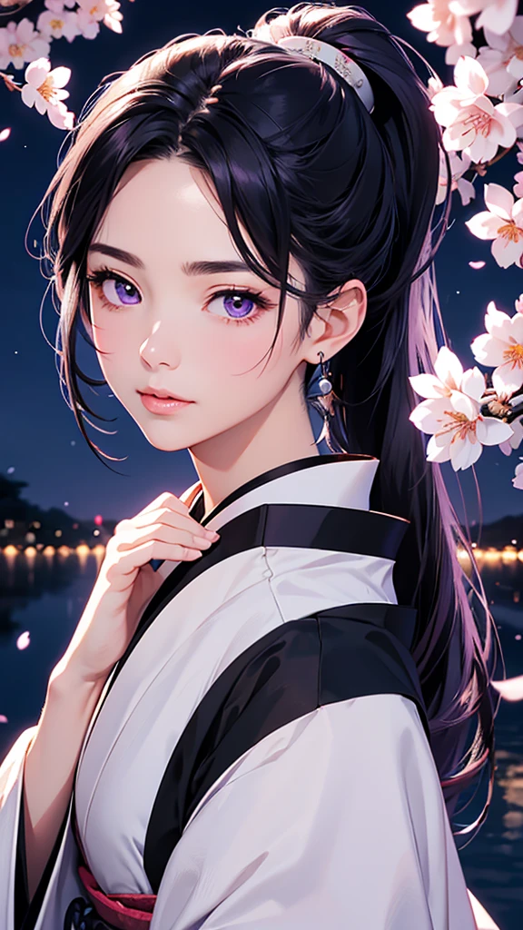 highest quality、Realistic、Night Sky、full moon、moonlight、cherry blossoms、cherry blossoms吹雪、adult woman、Japanese Zoom、look up、cute、Purple eyes、Black Hair、ponytail、White kimono、Japanese clothing、Face close-up、slender