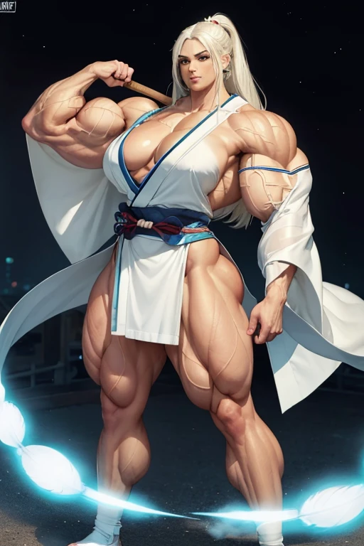 (((((Massive tall, beautiful, buff, brown skinned muscular goddess woman with white hair, glowing blue eyes, ginormous bulky muscles and wearing a beautiful white long Traditional kimono))))), close view, massive muscle, massive biceps, hyper muscle shoulders, (massive muscle arms), hyper muscle triceps, (long straight hair), glowing blue eyes, choker, (long fingerless gloves), sandals, (in the Cloudy beautiful village), confidant smile, night, hyper vascular arm, hyper muscles arms, hyper muscle legs, (massive arms).