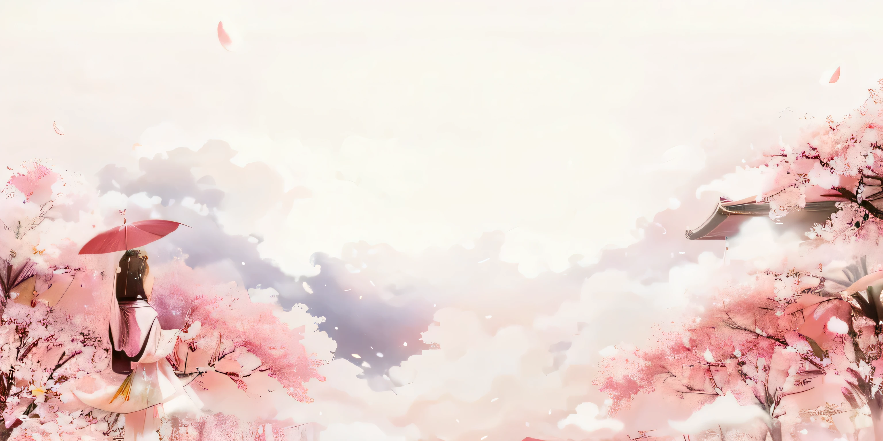 There is a painting,A woman holding an umbrella in the painting, Fairy tale style background, flowing sakura-colored silk, pink fog background, flowing sakura silk, Cherry Blossom Background, ethereal background, pink clouds background, Pink cloudy background, Pink cloud background, Detailed scenery —width 672, Chinese watercolor style, Sakura in the wind, Sakura blooming background