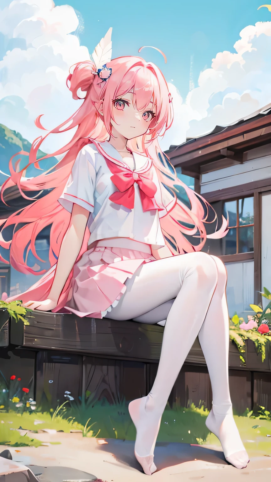 Coral pink hair，Long hair，hair over one eye，Gray eyes，feather hair ornament，cute，Girl，laughing expression，White short sleeve，Short skirt，White silk pantyhose，White silk pantyhose，No shoes on your feet，Sitting on the ground，whole body，Don't show your arms，In the background is a chalet by the sea，many clouds