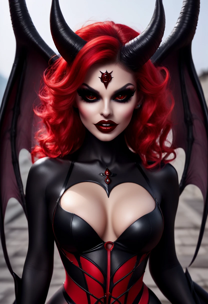 Realistic Beautyfull evil demonic sexy demented devil women,beautiful seductive facial expression,gorgeous facial features, highly detailed red skin, large curled devil horns, think curved jet black eyebrows, long luscious eyelashes, thick black eyeliner, jet black eye shadow, thick jet black lipstick,large hyper realistic detailed red eye, thin detailed little nose, high cheek bones, Cleft chin, small areolas, small perky darkred nipples, large voluptuous curved breasts, elegant figure, seductive hips, demonic devil outfit, large detailed demon wings,