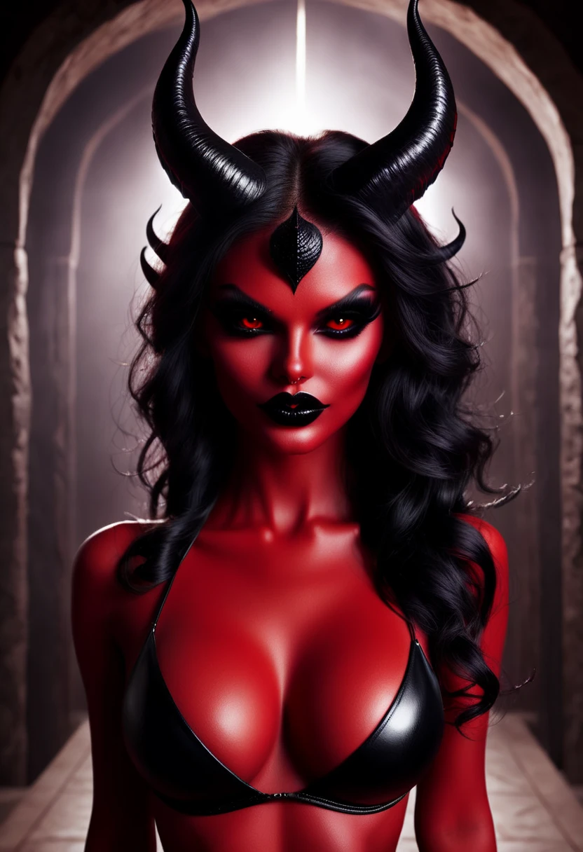 Realistic Beautyfull evil demonic sexy demented devil women,beautiful seductive facial expression,gorgeous facial features, highly detailed red skin, large curled devil horns, think curved jet black eyebrows, long luscious eyelashes, thick black eyeliner, jet black eye shadow, thick jet black lipstick,large hyper realistic detailed red eye, thin detailed little nose, high cheek bones, Cleft chin, small areolas, small perky darkred nipples,  large voluptuous curved breasts, elegant figure, seductive hips, demonic devil outfit, large detailed demon wings,