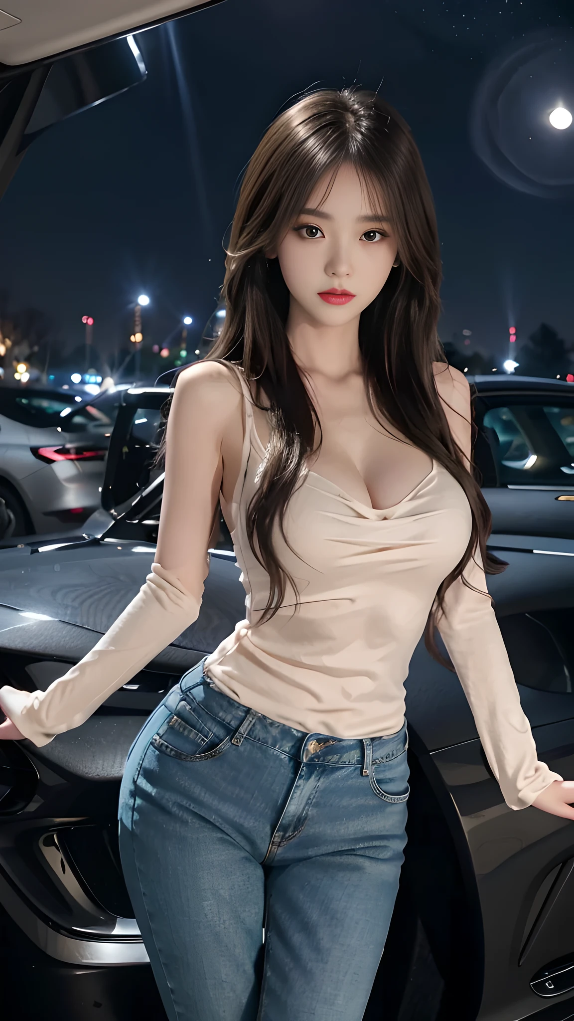full hd 8k, Girl standing in front of a dark night scene, full moonlight reflecting on her beautiful face. Her long, silky hair was gently blown by the night wind, creating a gentle and romantic feeling. Next to her is a luxury car, showing her success and class. She looked up at the starry sky, as if searching for something, her eyes showed contemplation and loneliness. The full moon shines in the night sky creating a beautiful scene. The girl has long, silky hair, creating a luxurious and noble beauty. The moonlight shines on the girl's delicate face, highlighting her large, round light brown eyes, creating a natural, gentle beauty. She wore a shirt and short jeans, short jeans, showing off her seductive and luxurious beauty. Her plump breasts were exposed, revealing her plump and extremely sexy breasts. These images capture detailed panoramic portraits and views of the sky and cars. All create a beautiful, wonderful picture that makes people unable to take their eyes off the scene. All these details are described clearly and sharply, sexyly poses