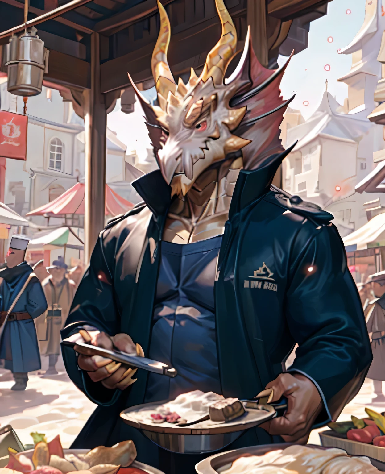 Dough, chef&#39;artwork, official art,  dragon, horn, queue, layer, muscle, fort, I, no, coat, dequeueed eyes, Upper Body, (Half-length portrait), market, bain ther male, Light Particles, Pino Deheny, Michael & Inessa Garmash, Yes，（Hands are claws），dragon claws