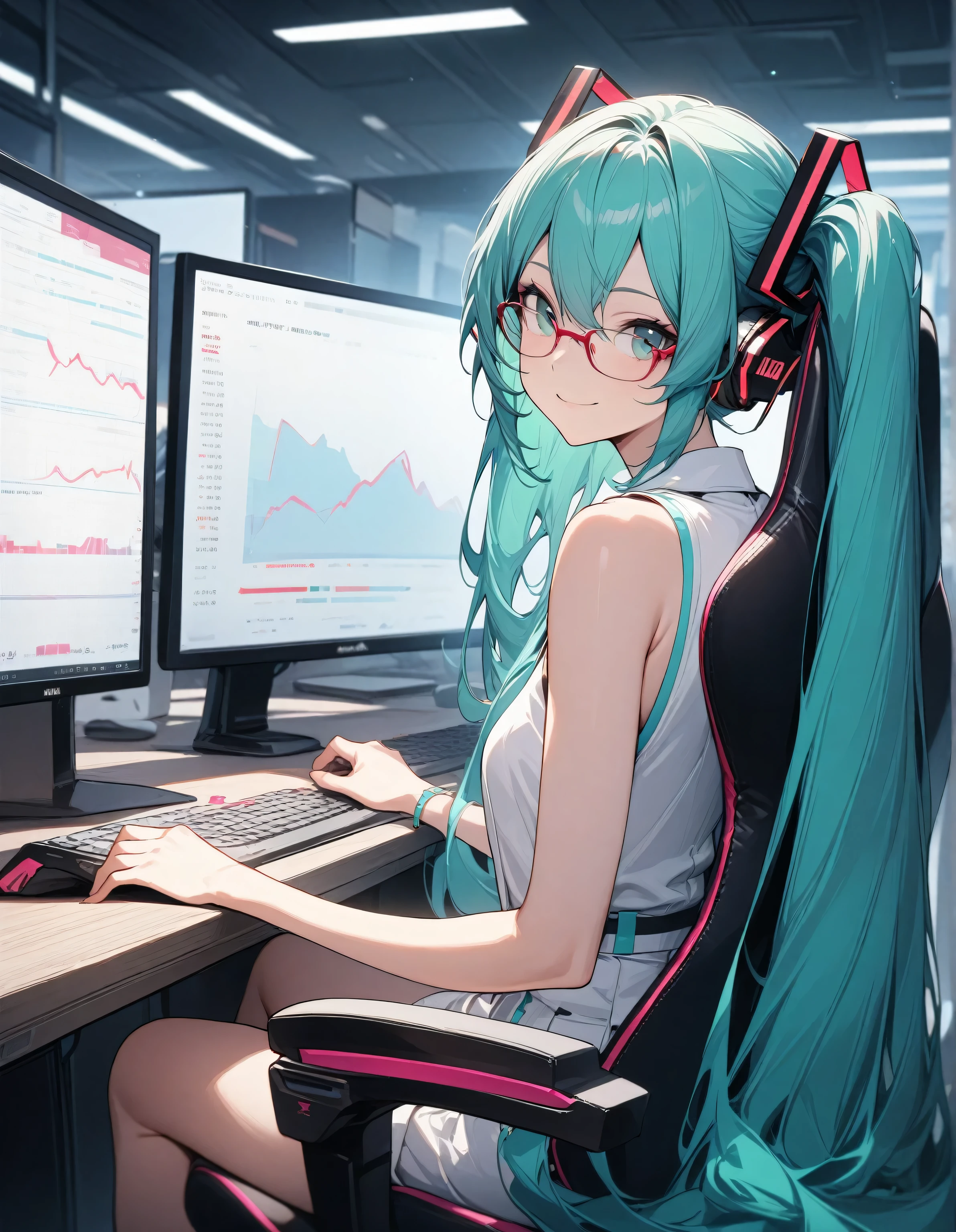 ((best quality)), ((masterpiece)), beautilful face,((perfect anatomy)),((perefect hands)),(Hatsune Miku),red glasses,modern office,stock chart on screen,sitting, gaming chair,looking back, looking at viewer, smiling, sleeveless, white clothes, headphones with green lighting, secretary girl