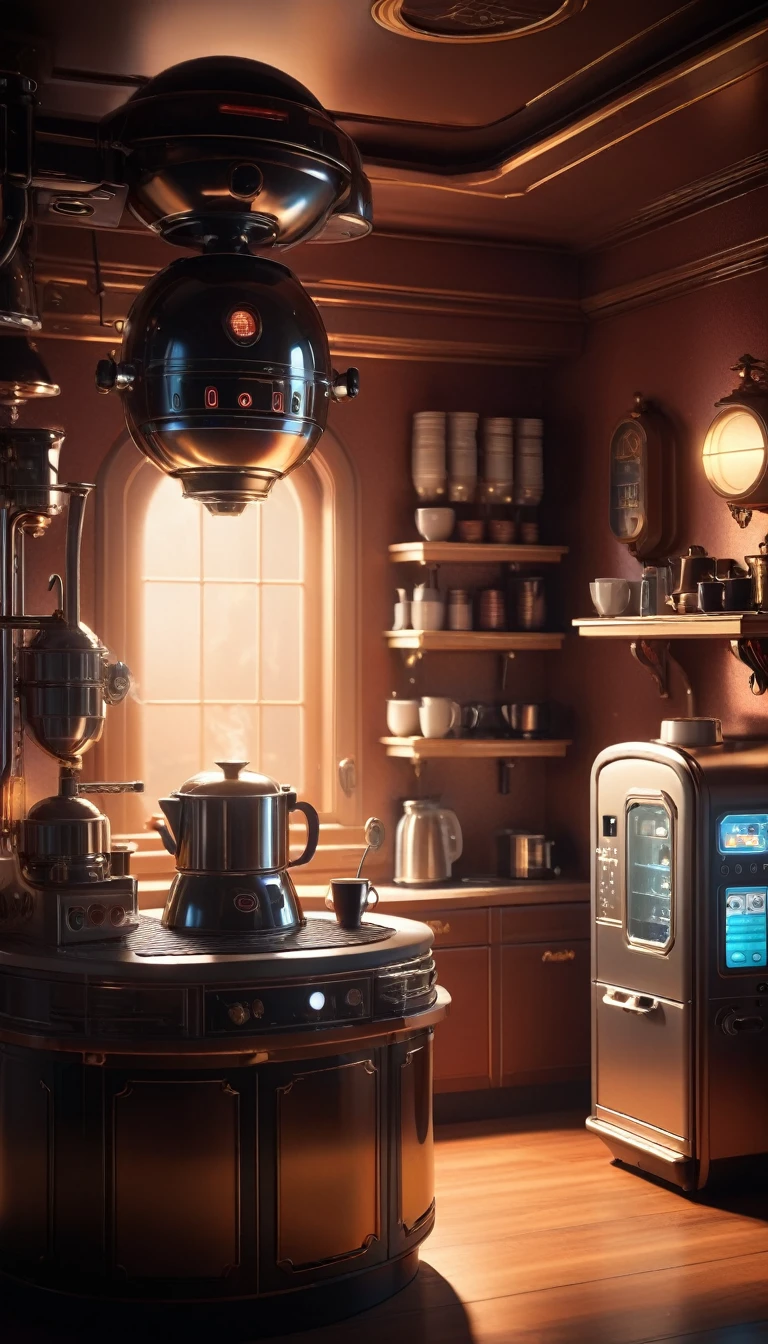 Ghibli-style space capsule background, technologically sophisticated and more lovely butler(The eyes are bright and clear) ,Turn on the coffee machine in the kitchen,Detailed preparation of a cup of coffee, Focus, Cinematic visuals, Ultra-detailed movie lighting effects, fantasy art and mysterious atmosphere,Dramatic lighting with depth of field