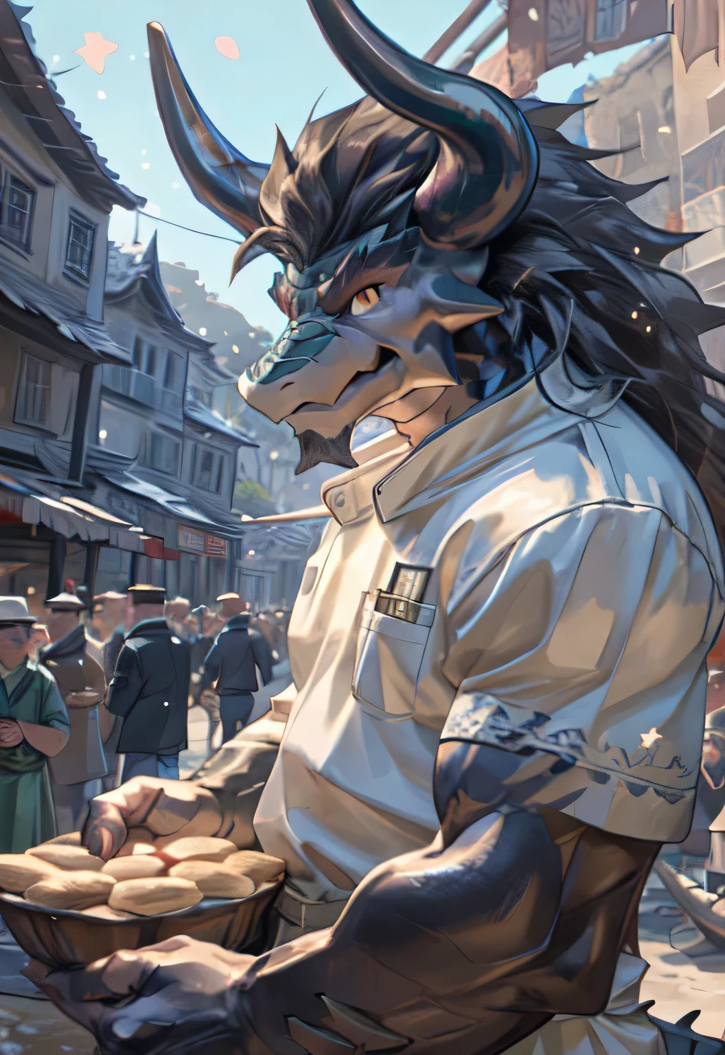 Dough, chef&#39;artwork, official art, dragon, horn, queue, layer, muscle, fort, I, no, coat, dequeueed eyes, Upper Body, (Half-length portrait), market, bain ther male, Light Particles, Pino Deheny, Michael & Inessa Garmash, Yes，paw，The hand is a dragon claw