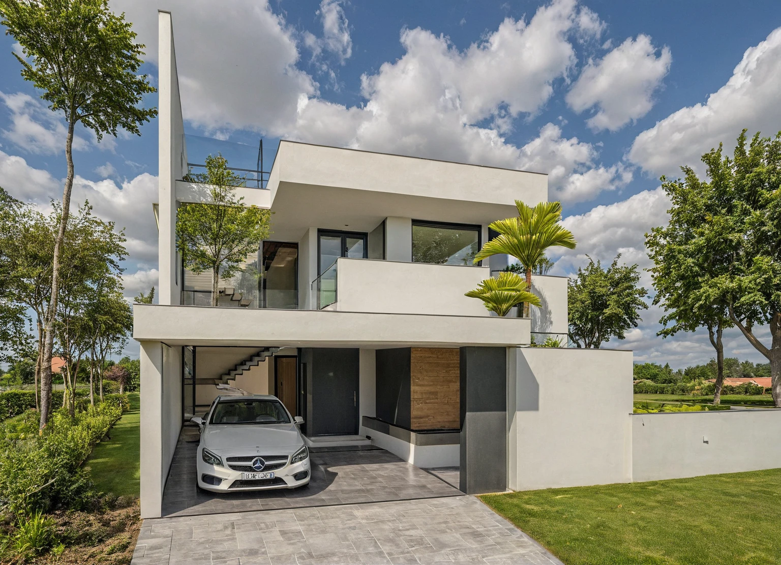 chef-d'artwork, high quality, best quality, authentique, Great detail, en plein air, villa de plain-piedXL, credit group, style de maison moderne dans la rue ,escaliers, mur blanc ,route,pavement, herbe, des arbres, ciel, nuage, (day light:1.1)
