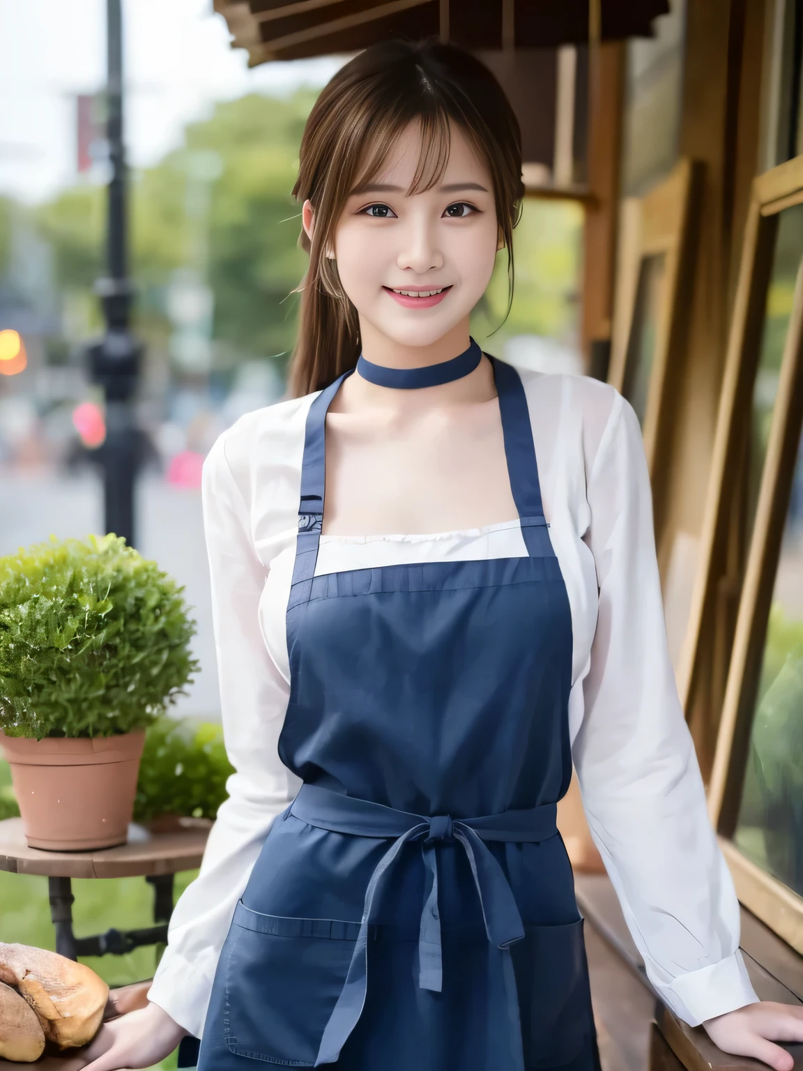 highest quality,masterpiece,Ultra-high resolution, (Realistic:1.4), girl, 18-year-old, (Firm breasts:1.2),  (Slim face:1.2, Narrow waist, Thin legs), Charm,  look at each other, Dynamic Shot, (black choker) , Long sleeve, (bangs), Blue Contact Lenses, smile, Big Breasts, ((The upper body is naked and only an apron is worn))、very long eyelashes, ((market)), (Nipples:-1)、（Clothes with sleeves:-1）