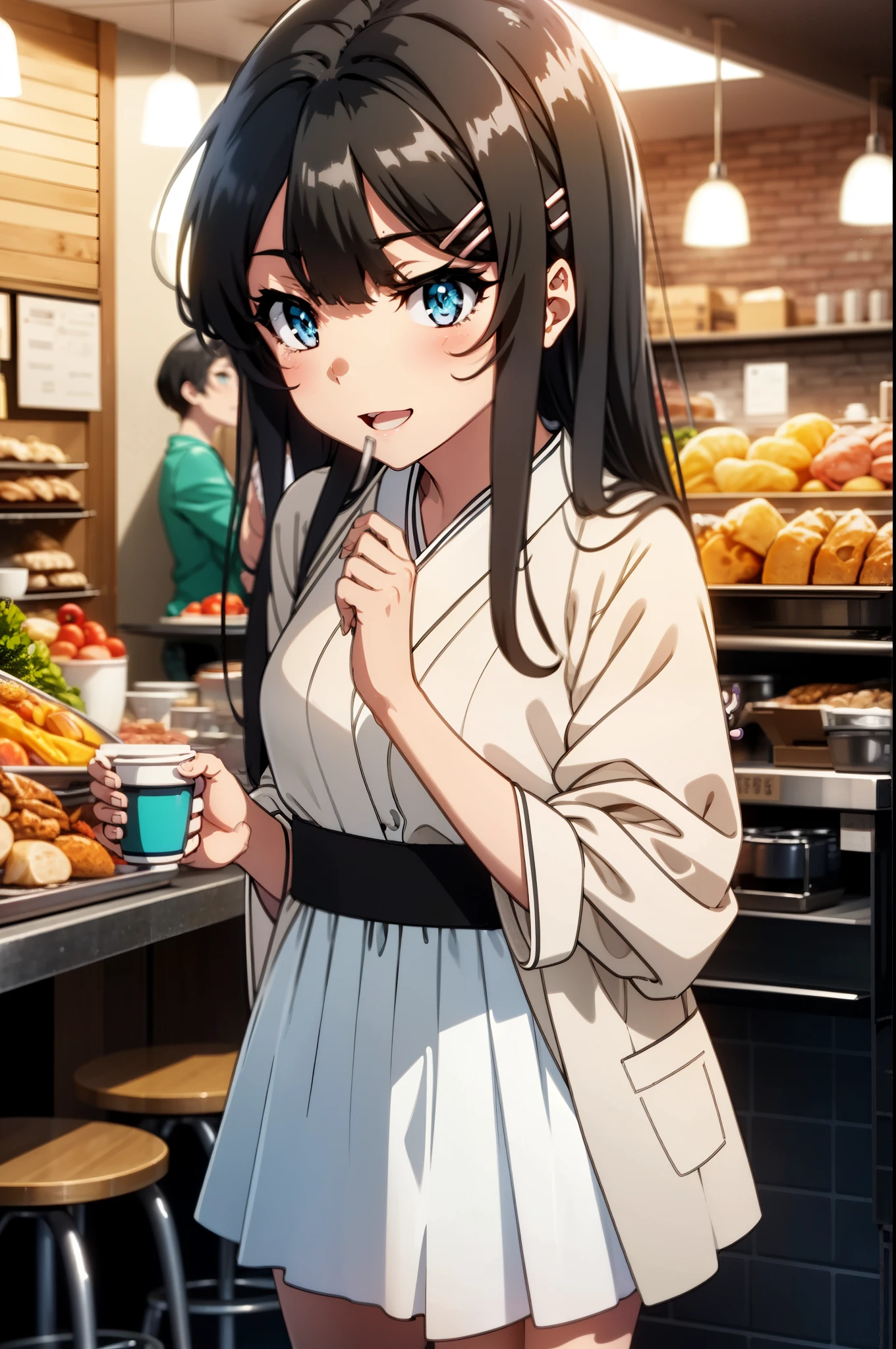 maisakurajima, Mai Sakurajima, Long Hair, bangs, (Black Hair:1.5), hair ornaments, (Purple eyes:1.1), Hair Clip, rabbit hair ornaments,
happy smile, smile, Open your mouth,blush,Idol-style white kimono,long furisode,White mini skirt,White tights,Sandals,tray, tray in one hand,A beautiful waitress with Long Hair comes to the table to take our order,It&#39;s as if your whole body is in the illustration.,Maid Headless, 　　　　　　　　　　　　break looking at viewer, (Cowboy Shot:1. 5) ,　　　　　　　　　　　　　　　　　　　　break indoors, coffee shop, break (masterpiece:1.2), highest quality, High resolution, unity 8k wallpaper, (shape:0.8), (Beautiful and beautiful eyes:1.6), Highly detailed face, Perfect lighting, Extremely detailed CG, (Perfect hands, Perfect Anatomy),