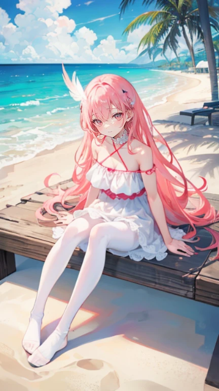 Coral pink hair,Long hair,hair over one eye,Gray eyes,feather hair ornament,cute,Girl,laughing expression,one-piece swimsuit,White silk pantyhose,White silk pantyhose,No shoes on your feet,Sitting on the ground,whole body,Don't show your arms,Background is beach,many clouds