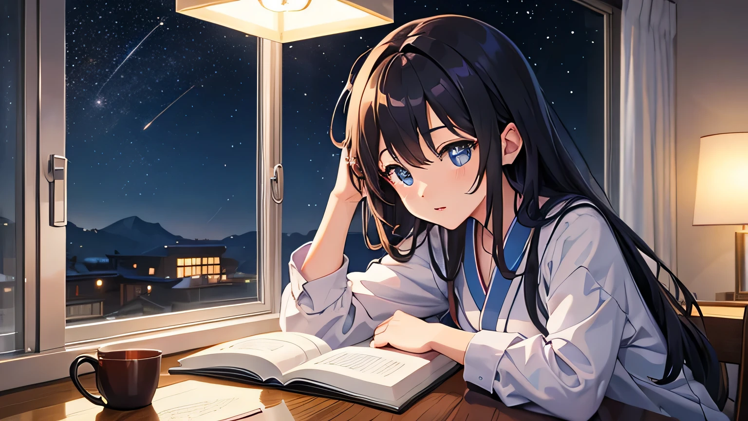 Girl studying in room Outside the room, it's night Starry Sky Japanese anime style reading