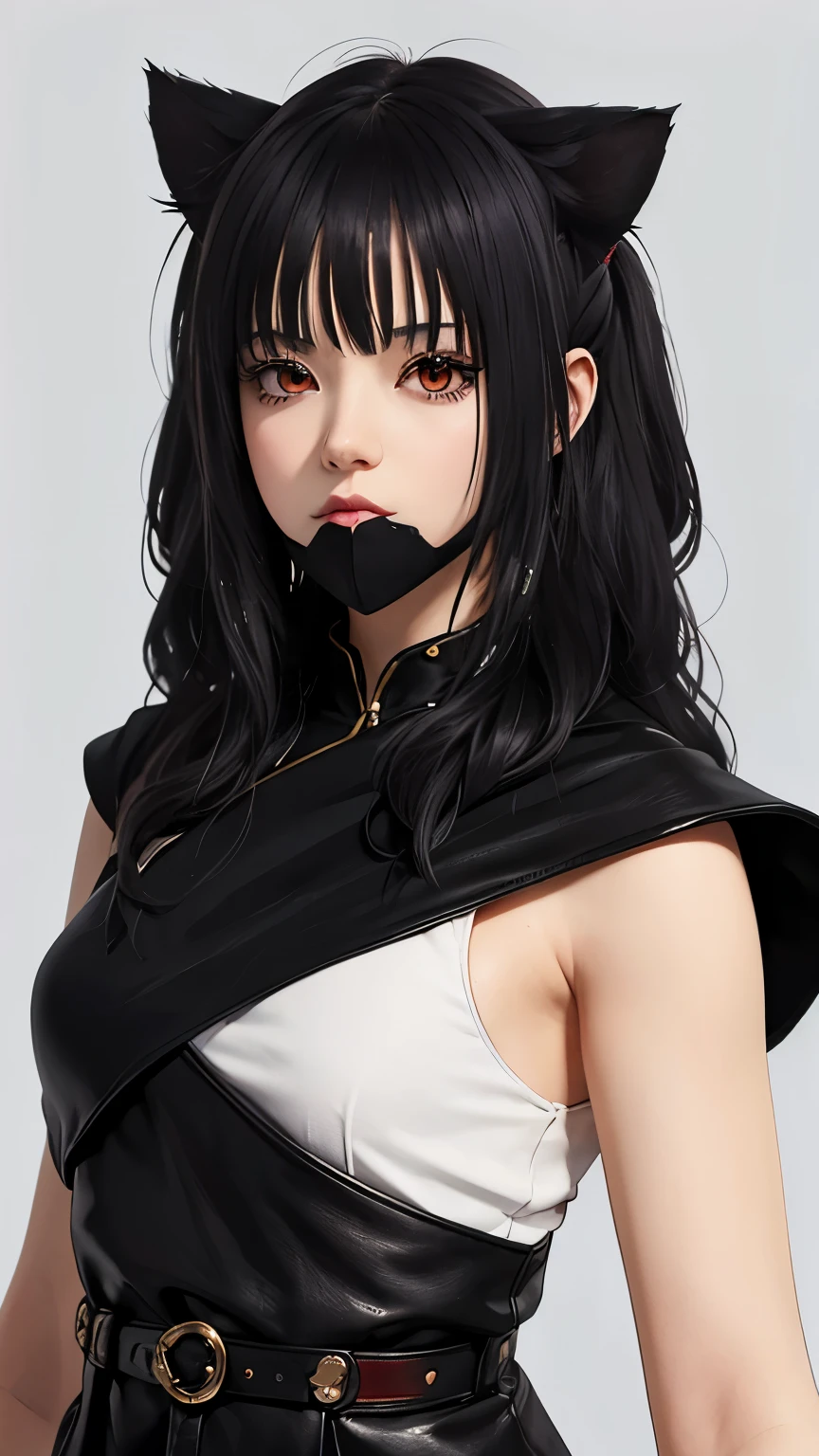 Detailed facial details,1 girl、cat ears,black long hair,shut up,Get a white mask,big bust,Wearing a blue striped sailor suit,Captivating red eyes, shy expression,slim,handcuffs,color,glowing skin,The facial details are really intricate, Body covered in mud