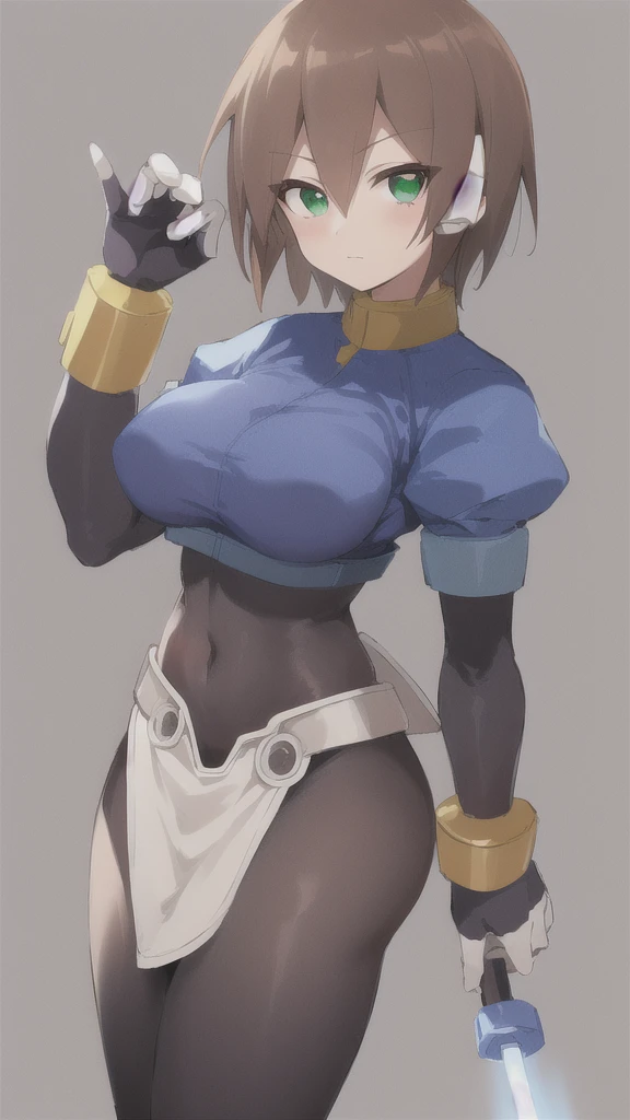 Aile_MegamanZX, 1girl, Looking at viewer, simple background, Brown hair, ,green eyes, Dressed as a maid , large breasts , large ass