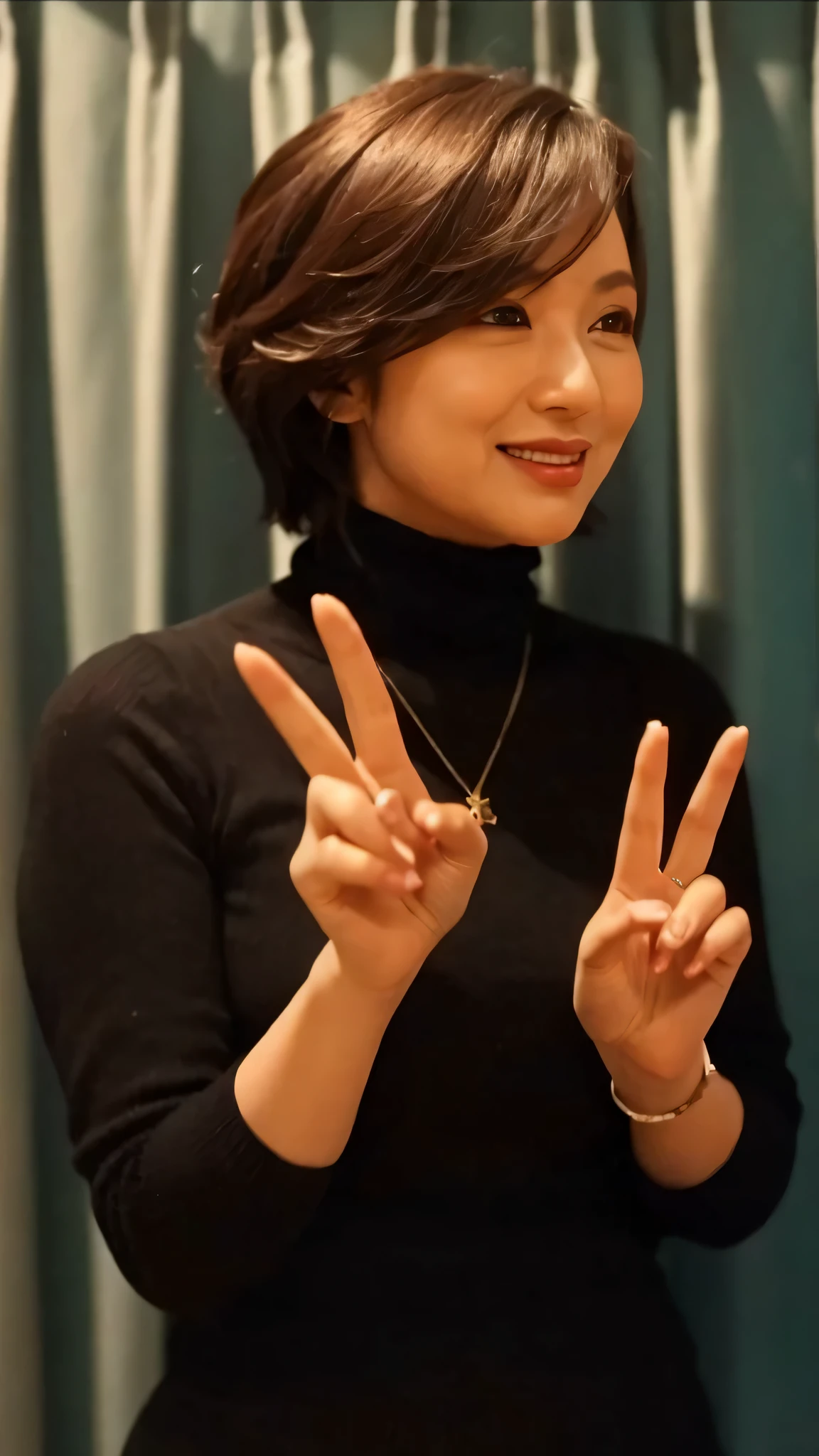 highest quality, 16k,Masterpiece, Ultra-high resolution, Dimly lit studio,one middle-aged woman, She is looking at me shyly and sidelong.,Beautiful and perfect face,asymmetric wavy short hair:1.2,Black Turtleneck Knitted Sweater,Blue long pleated skirt, G-string, Peace sign with both hands, Intricate details, Cinematic feel,, Very detailed,well-shaped breast bulge,green curtains,Indirect lighting in warm colors,